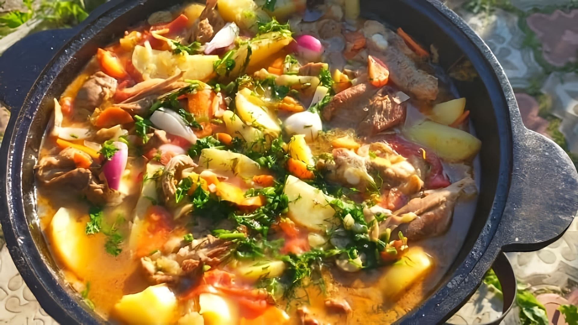 Видео как приготовить сытный рагу из картофеля, мяса и грибов, готовящееся в котле над открытым огнем