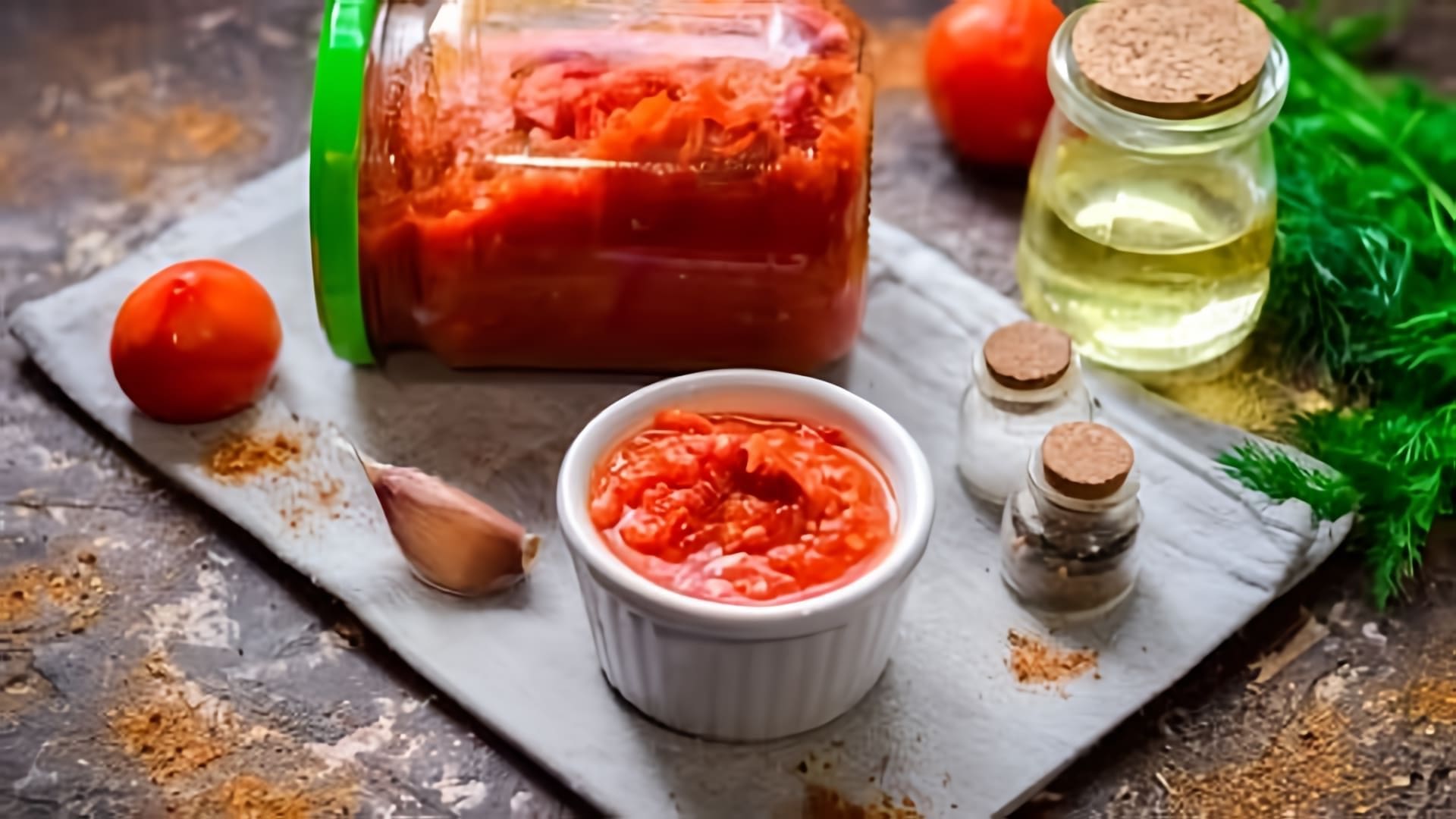 В этом видео демонстрируется процесс приготовления домашней заготовки "Анкл бенс из перца и помидоров"