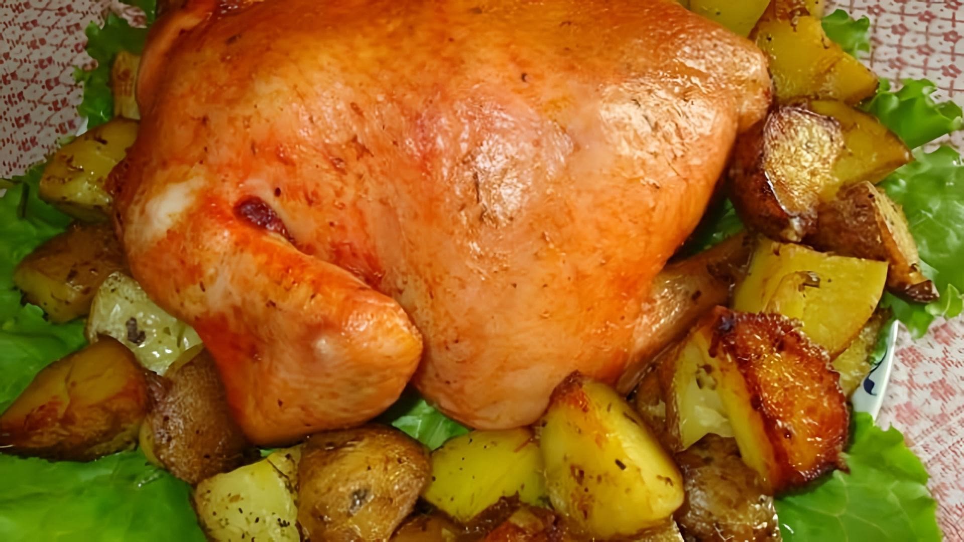 В этом видео демонстрируется процесс приготовления курицы в духовке целиком с картошкой