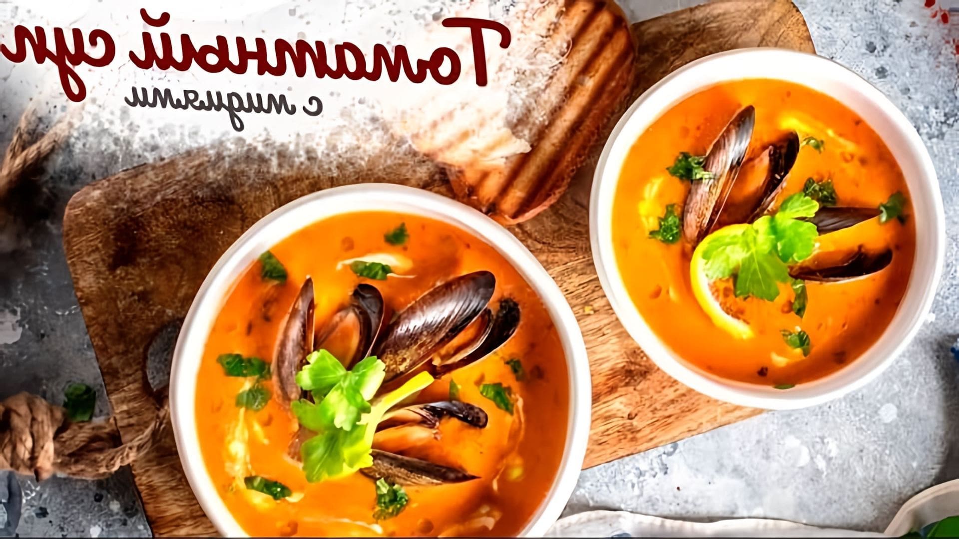 В этом видео демонстрируется процесс приготовления томатного супа с мидиями