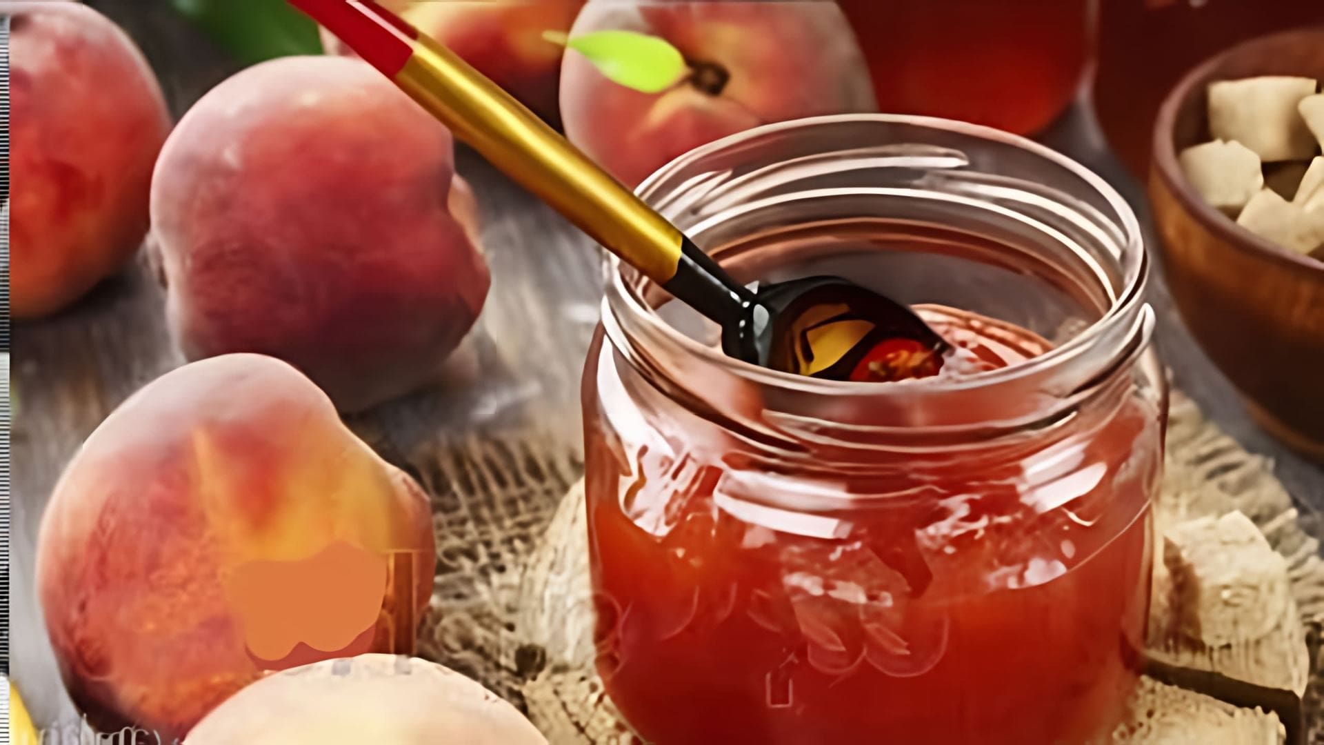 В этом видео демонстрируется процесс приготовления персикового джема