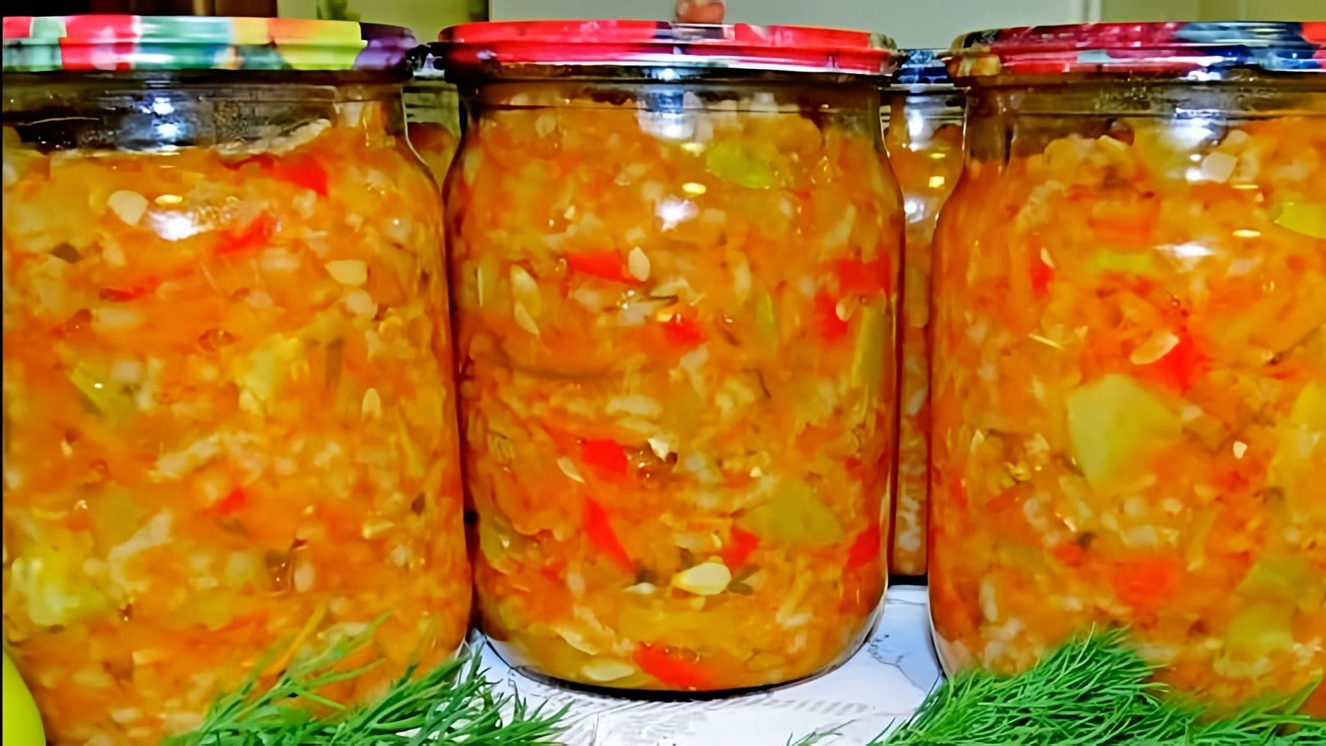 Видео рецепт зимнего салата из цуккини, риса, овощей и томатного соуса, который можно закрыть для последующего употребления