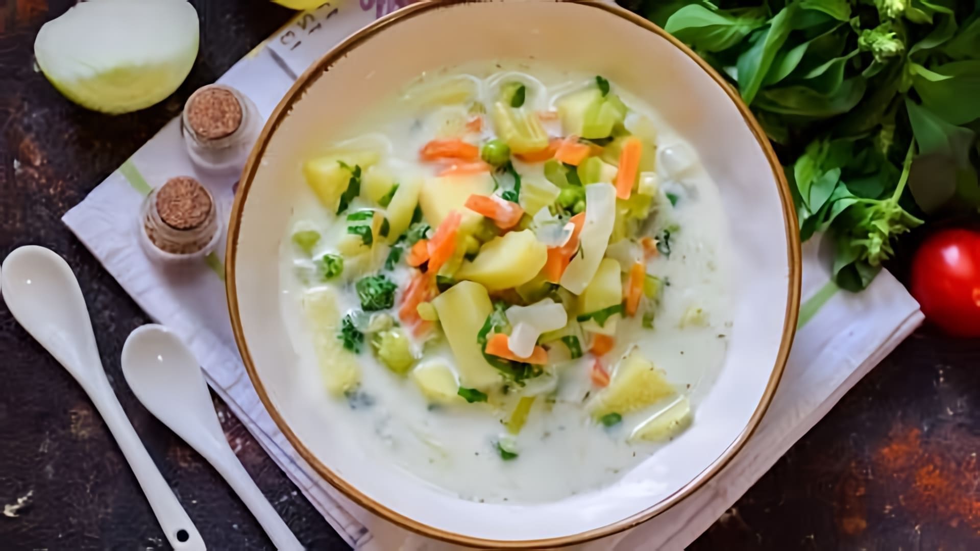 В этом видео демонстрируется рецепт приготовления сырного супа с сельдереем