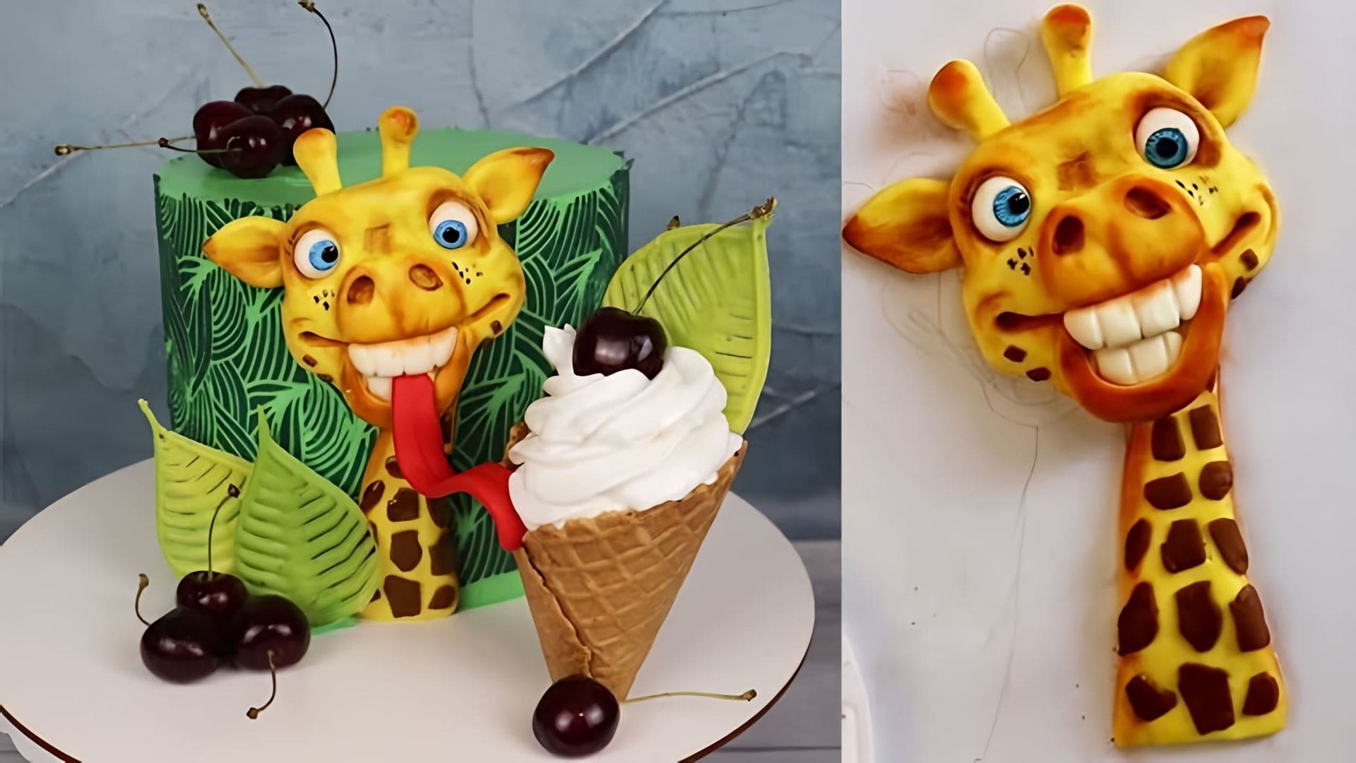 В этом видео показано, как создать забавный торт с аппликацией в виде жирафа