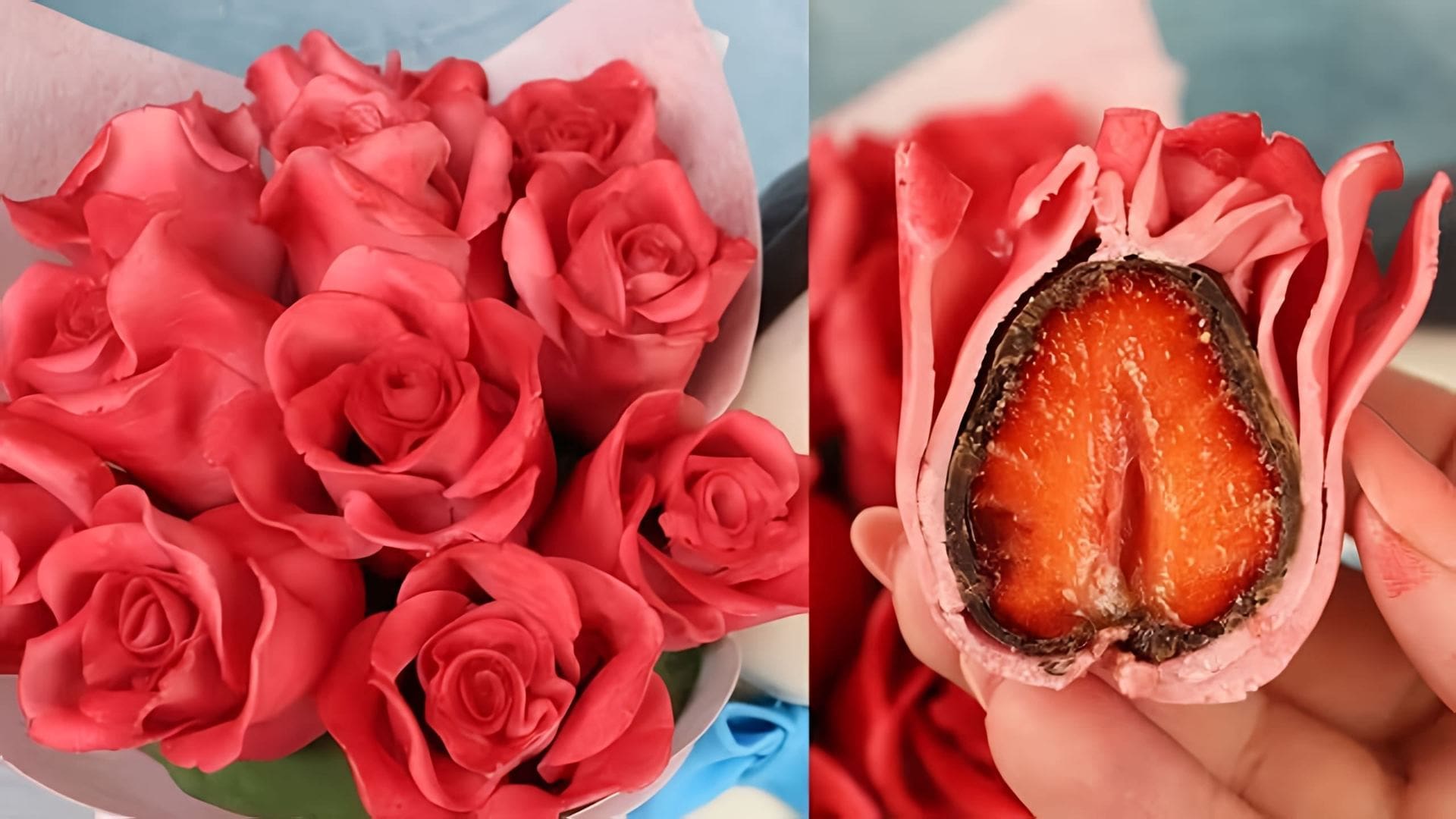 В этом видео демонстрируется процесс создания съедобных цветов из клубники и шоколада для украшения торта