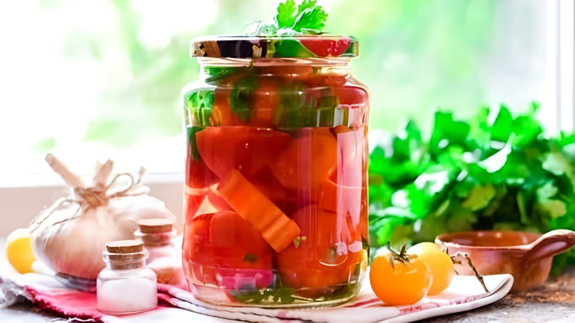 В этом видео демонстрируется процесс приготовления помидоров соленых с болгарским перцем