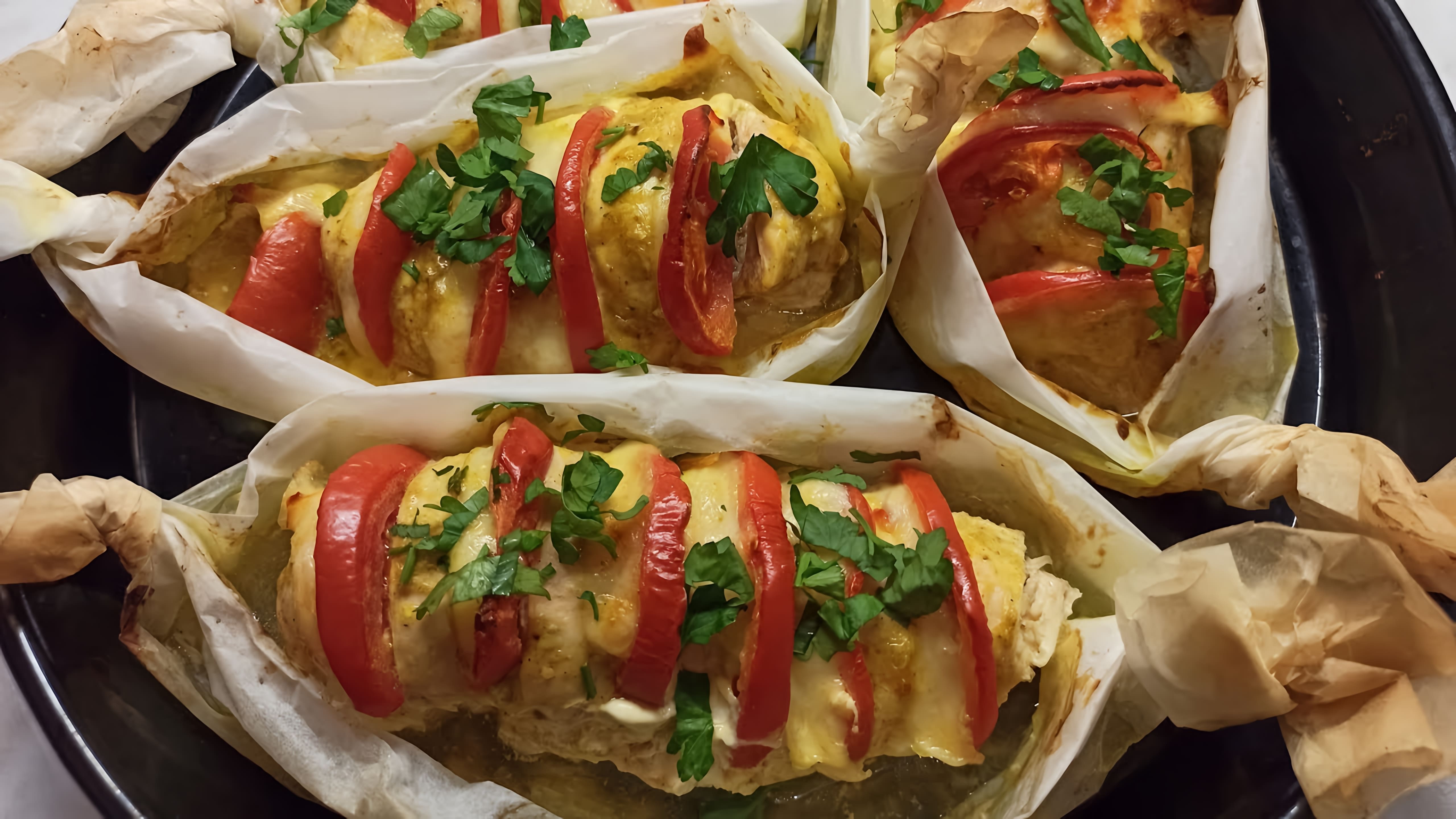 В этом видео демонстрируется рецепт приготовления куриной грудки "Гармошка" с сыром и помидорами