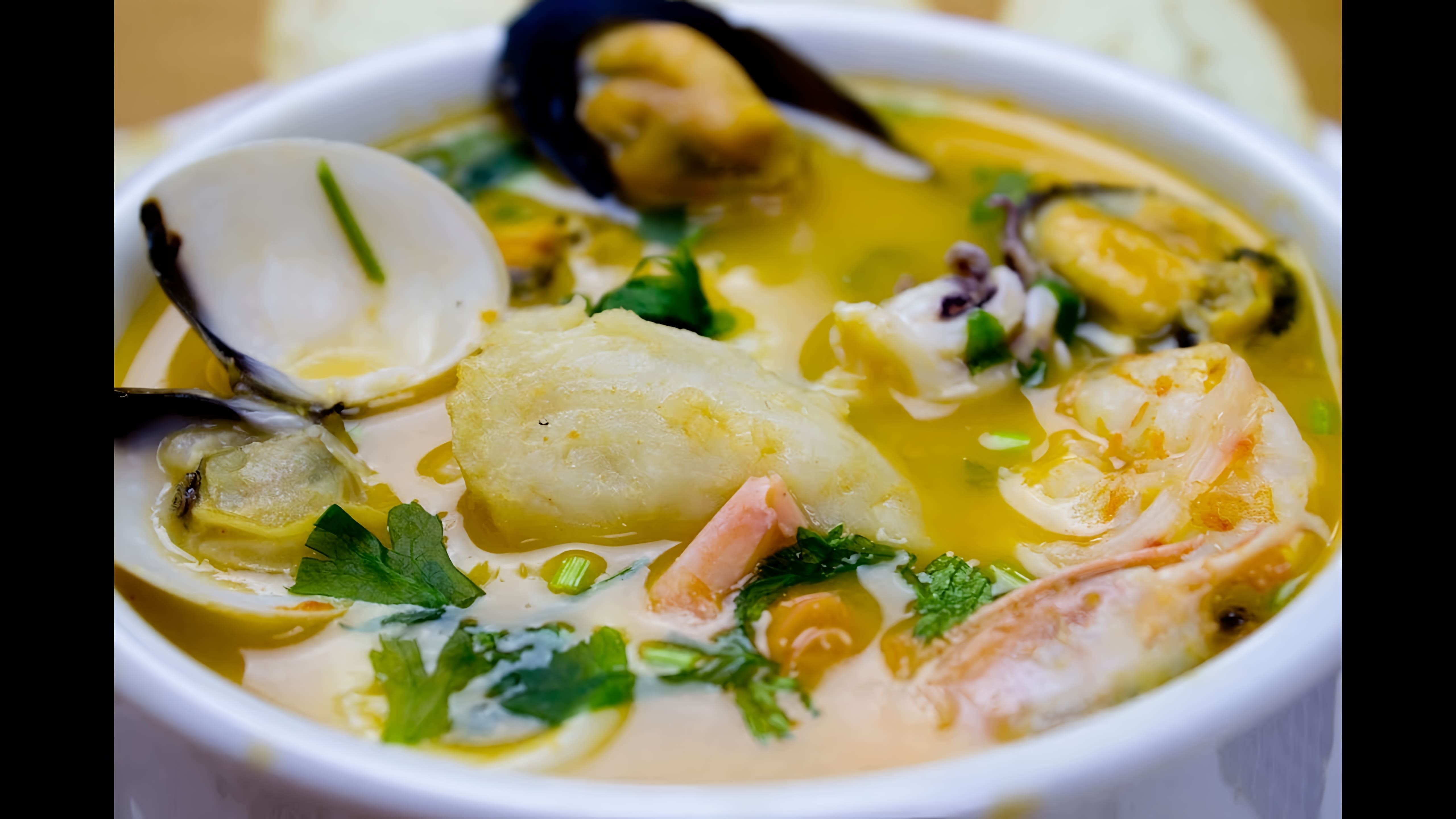В этом видео демонстрируется процесс приготовления вкусного супа из морепродуктов
