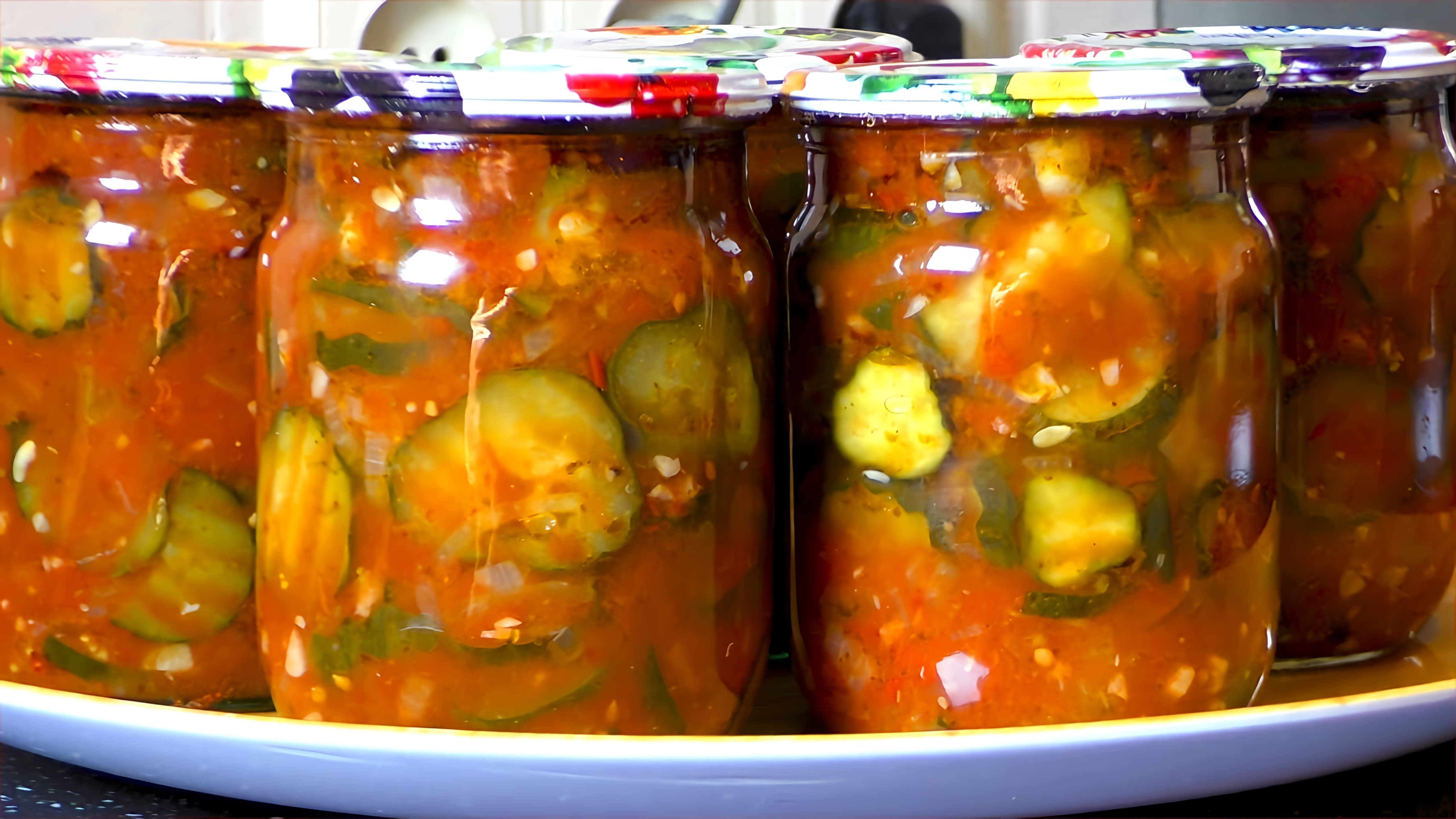 В этом видео демонстрируется простой и быстрый рецепт приготовления салата из огурцов в острой томатной заливке, напоминающей аджику