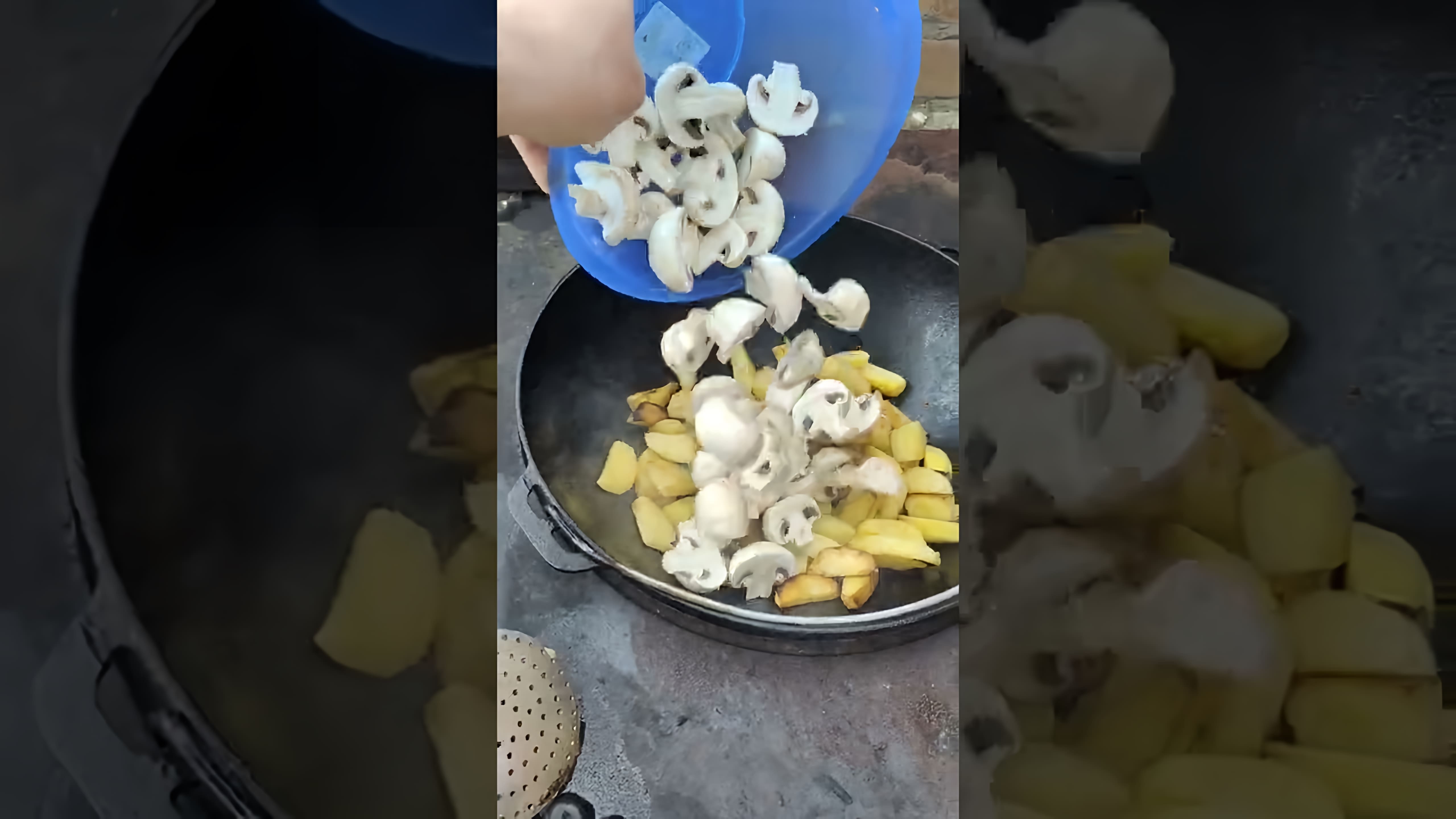 В этом видео-ролике кулинар в деревне показывает, как приготовить картошку с грибами в казане на огне