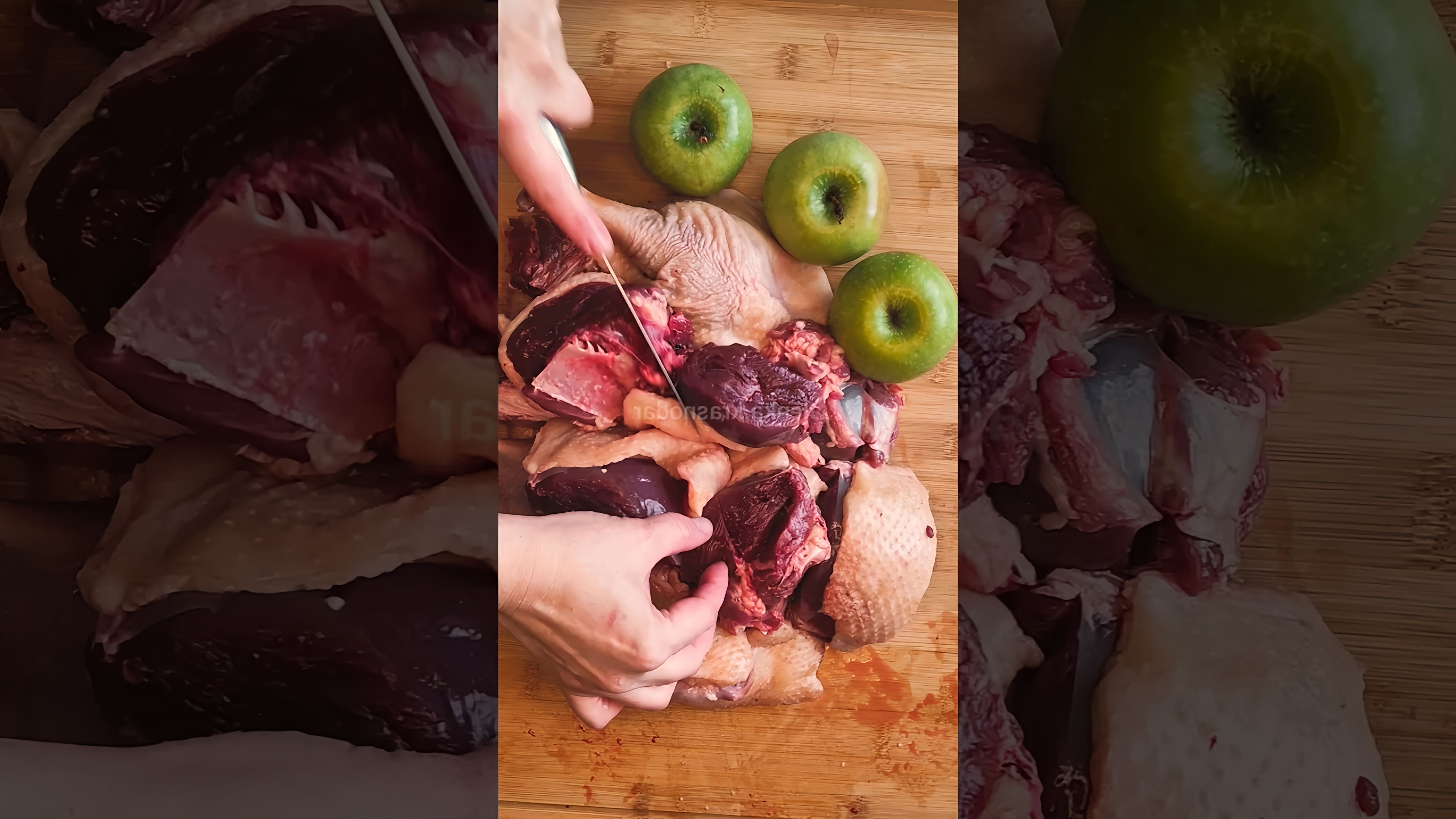 В этом видео демонстрируется процесс приготовления гуся с яблоками