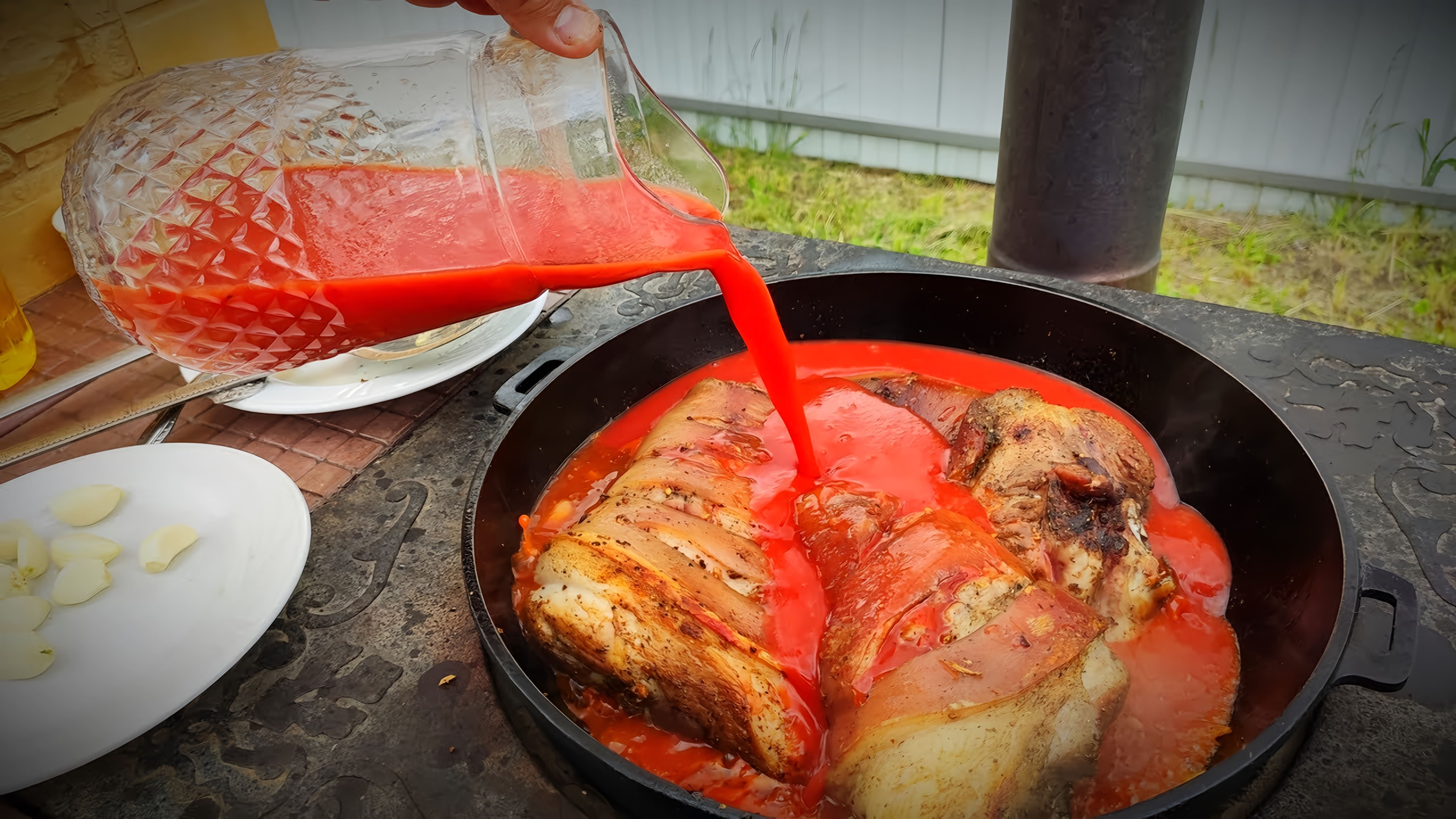 В этом видео демонстрируется рецепт приготовления свиной рульки в томатном соке
