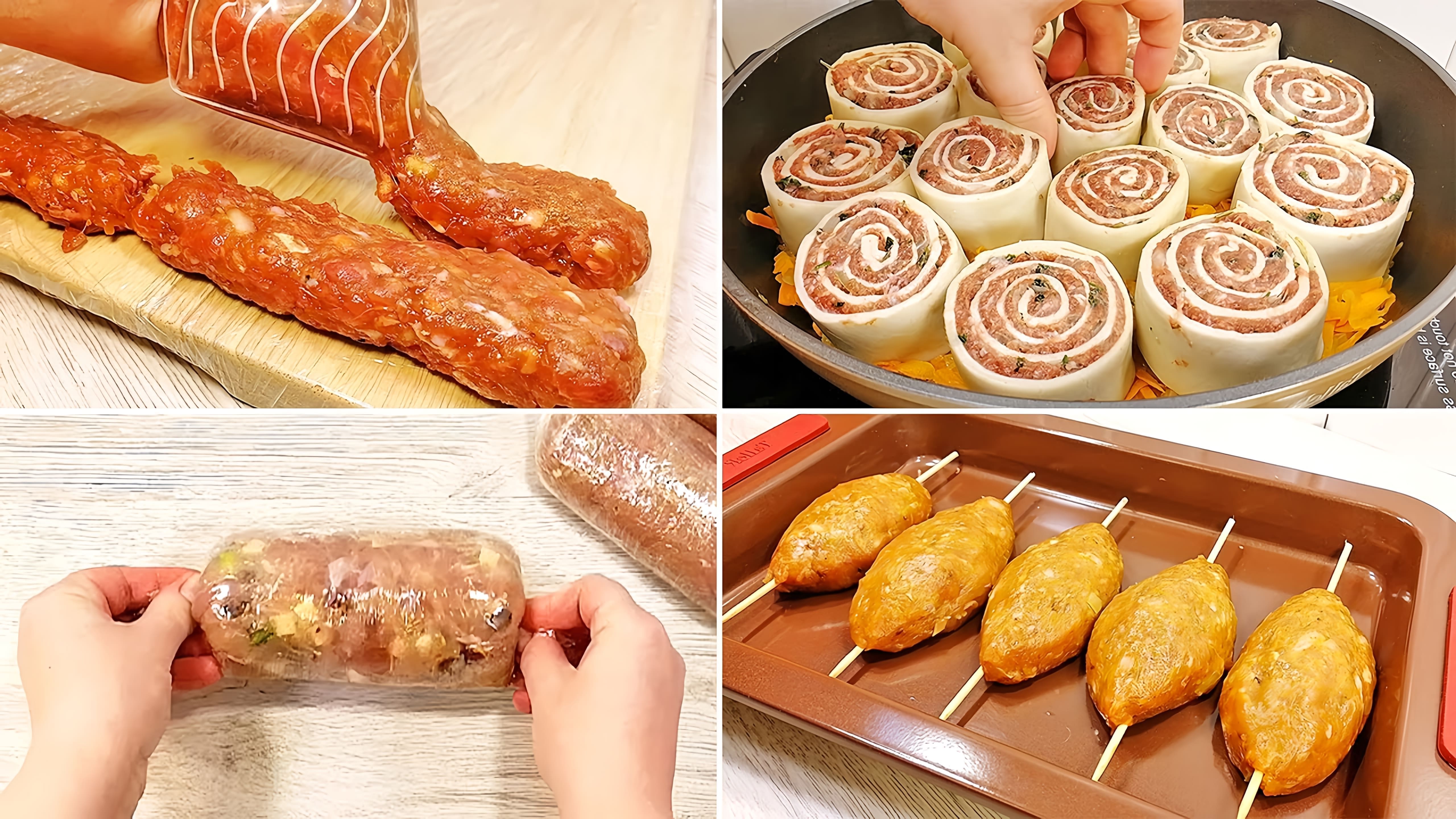 В этом видео показаны пять рецептов мясных блюд: фрикадельки, мясные рулеты, куриная колбаса и люля-кебаб