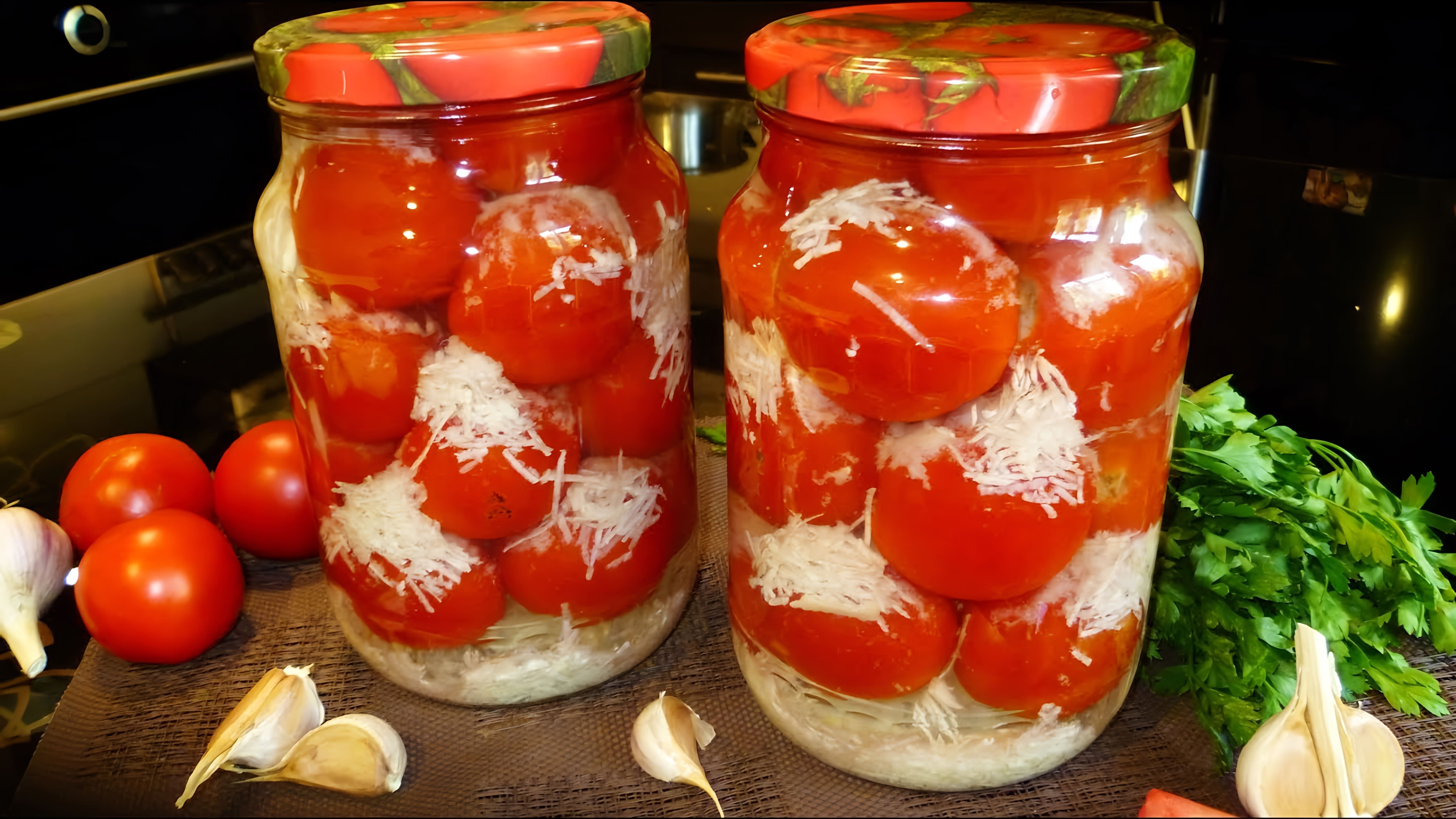 В этом видео демонстрируется процесс приготовления маринованных помидоров "под снегом" на зиму