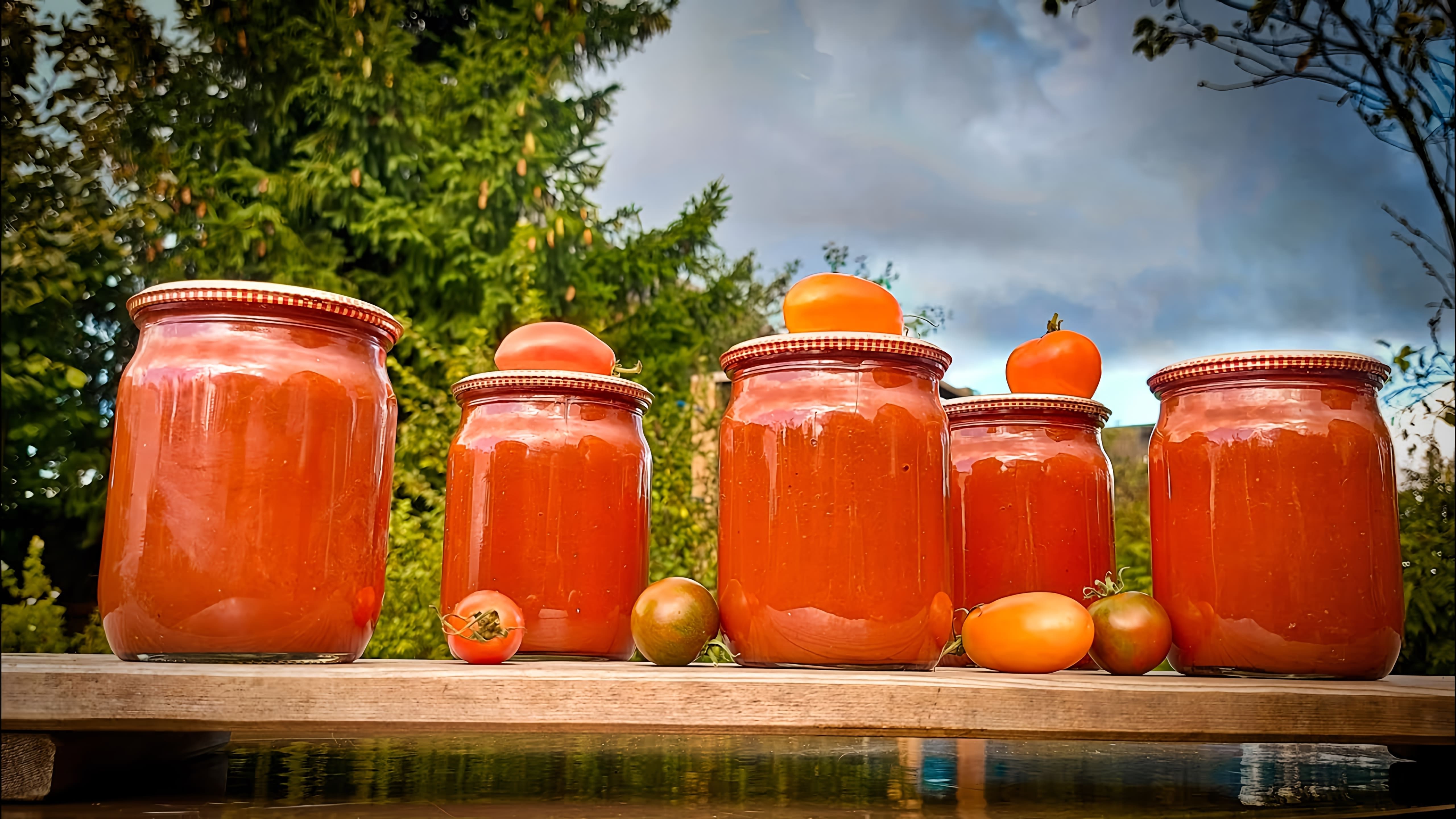 В этом видео демонстрируется процесс приготовления томатной пасты из свежих помидоров