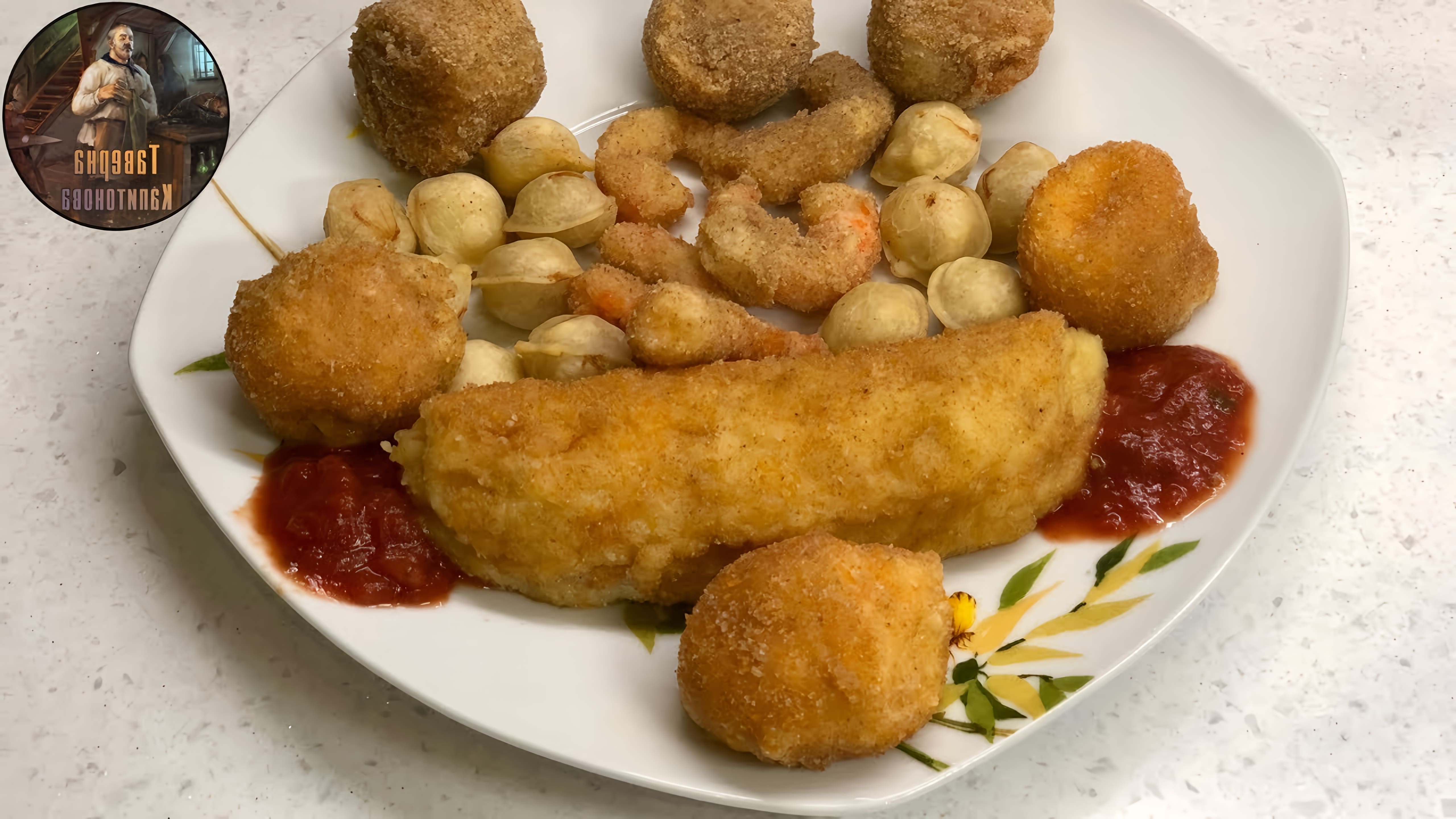 В этом видео автор готовит пять блюд во фритюре: пельмени, сырные шарики, картофельные палочки, креветки в кляре и мини-хот-доги