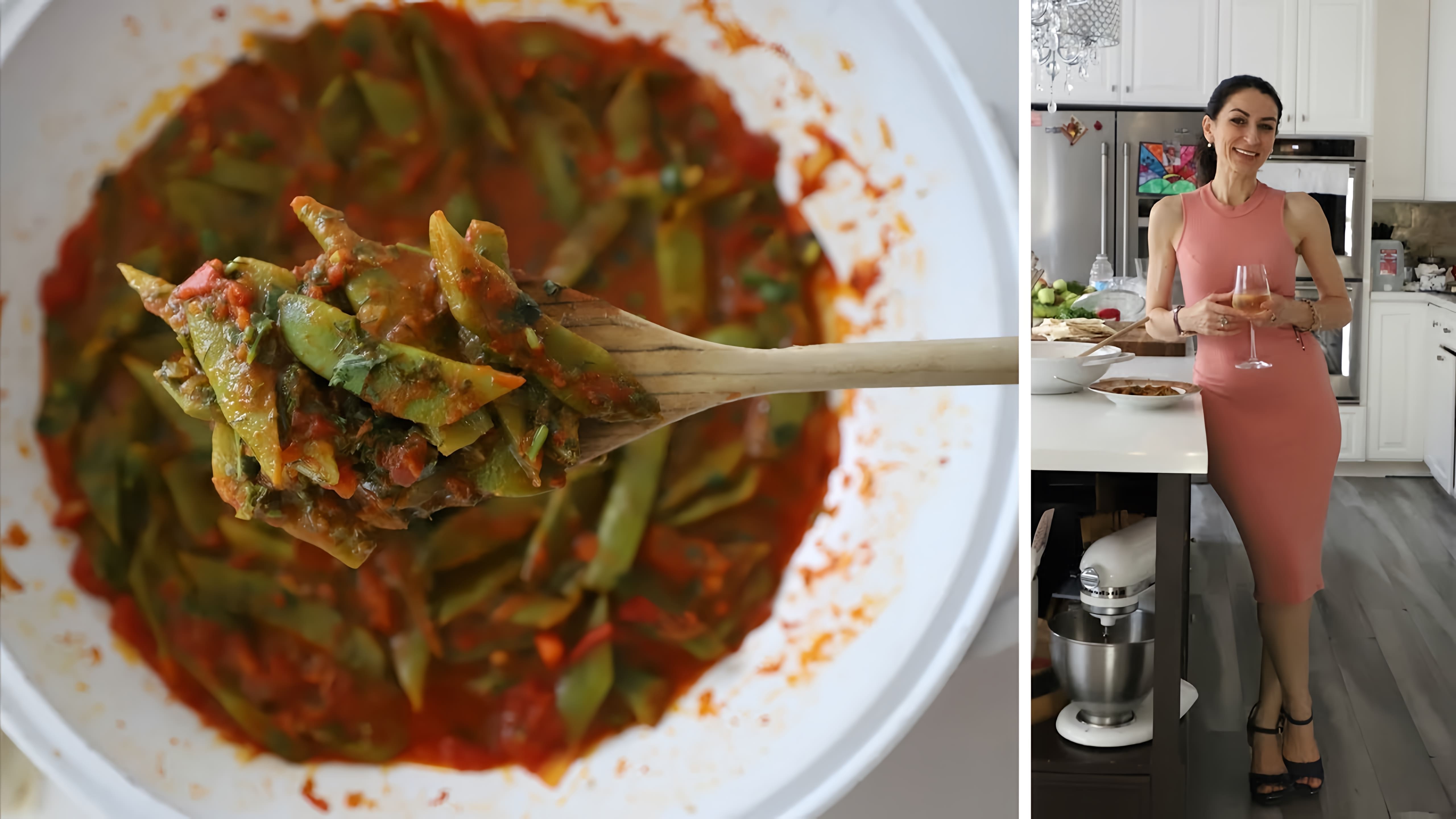 В данном видео-ролике Эгине, известная кулинар, делится своим рецептом приготовления зелёной фасоли в томатном соусе