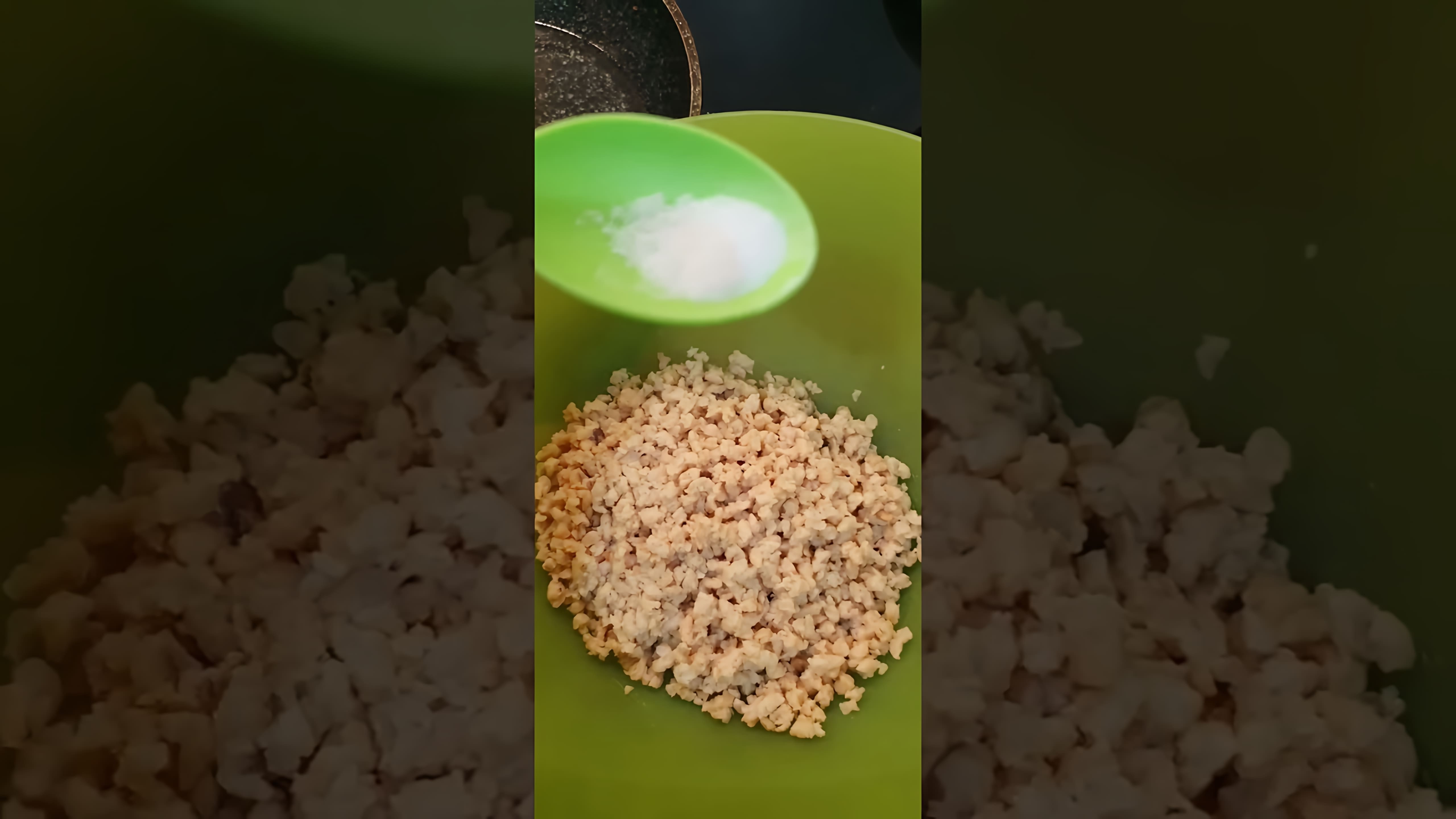 В этом видео демонстрируется процесс приготовления соевого фарша для чебуреков