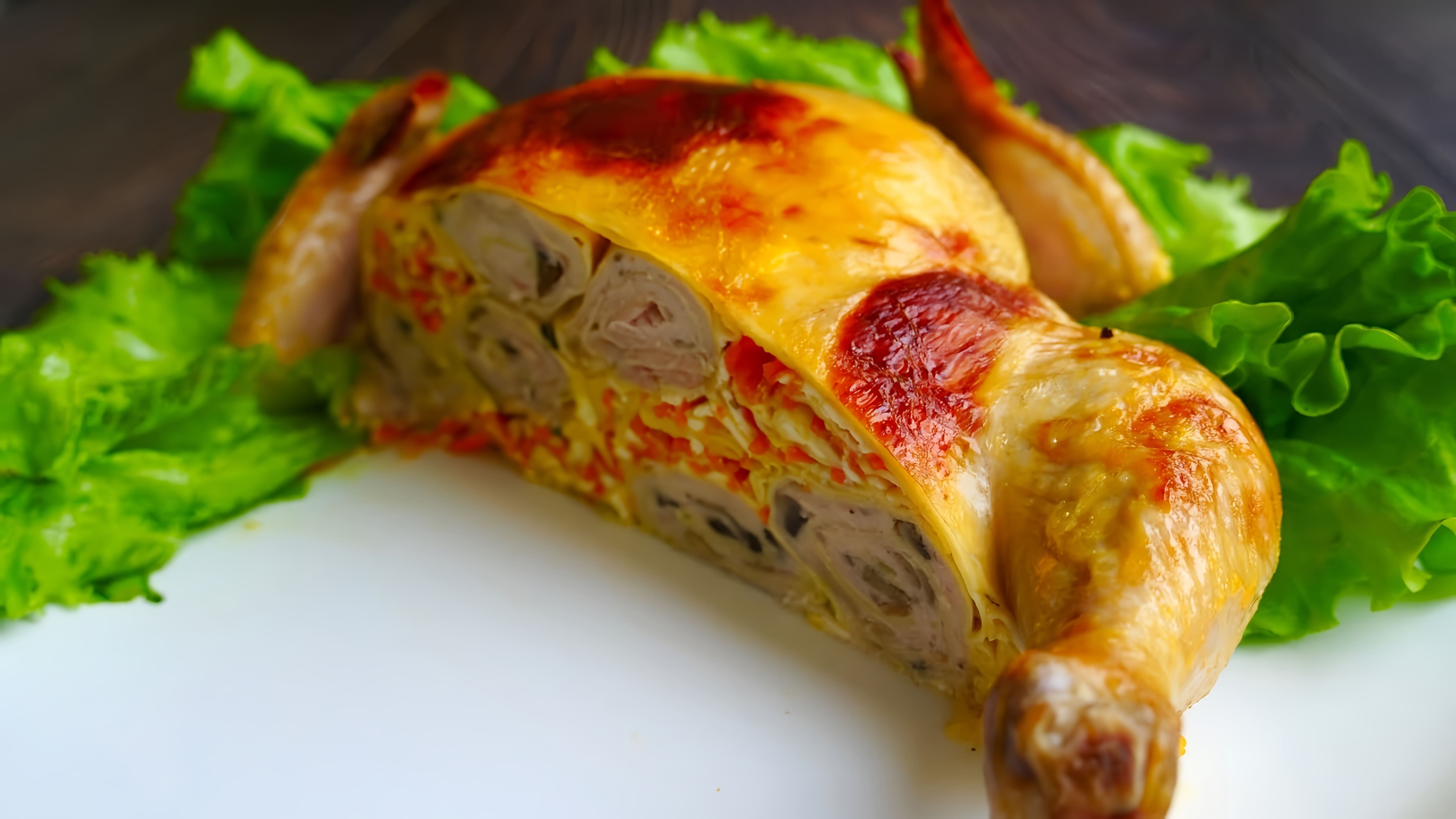 В этом видео демонстрируется процесс приготовления фаршированной курицы блинами с двумя видами начинок