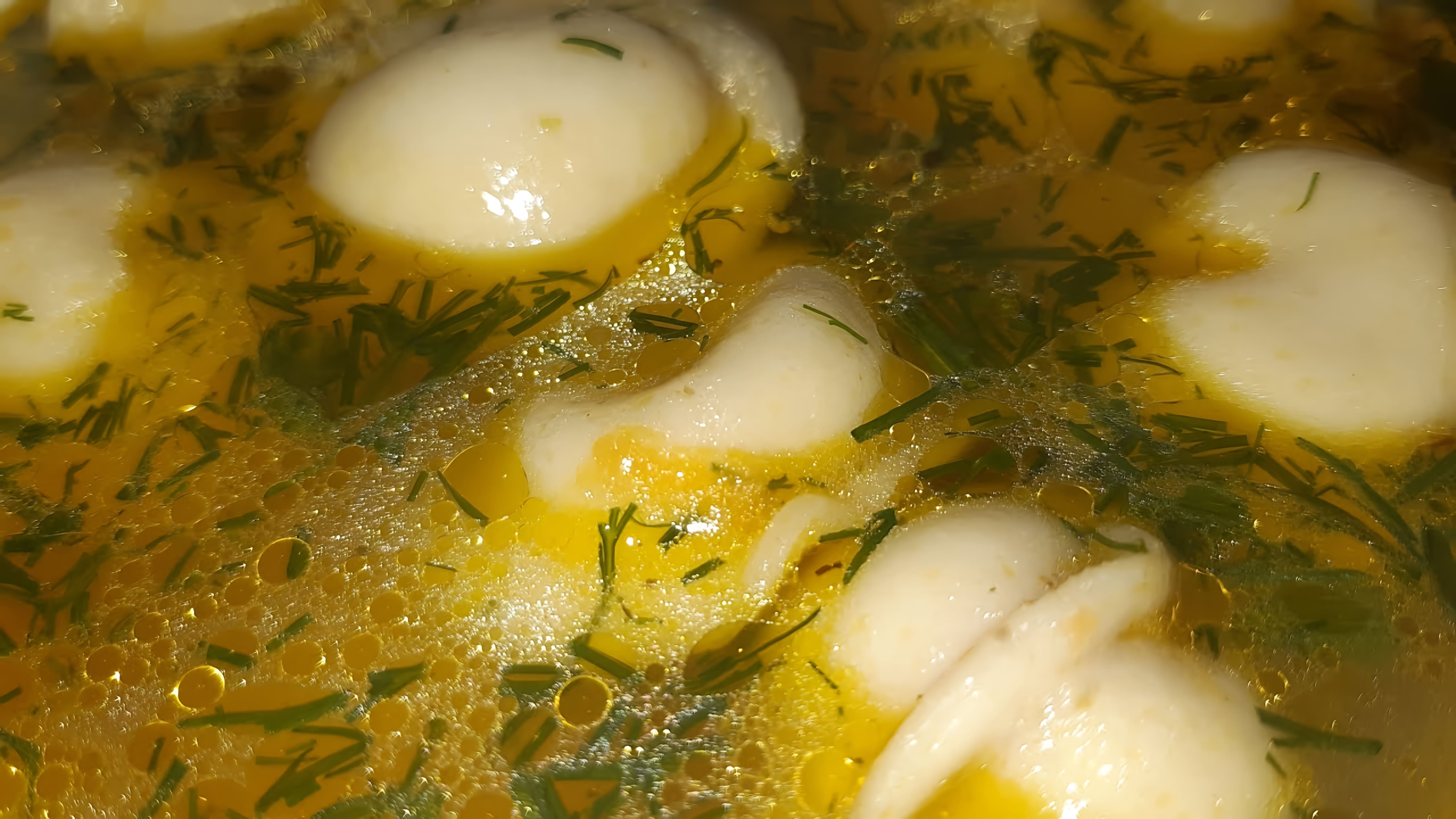 В этом видео демонстрируется процесс приготовления супа с пельменями