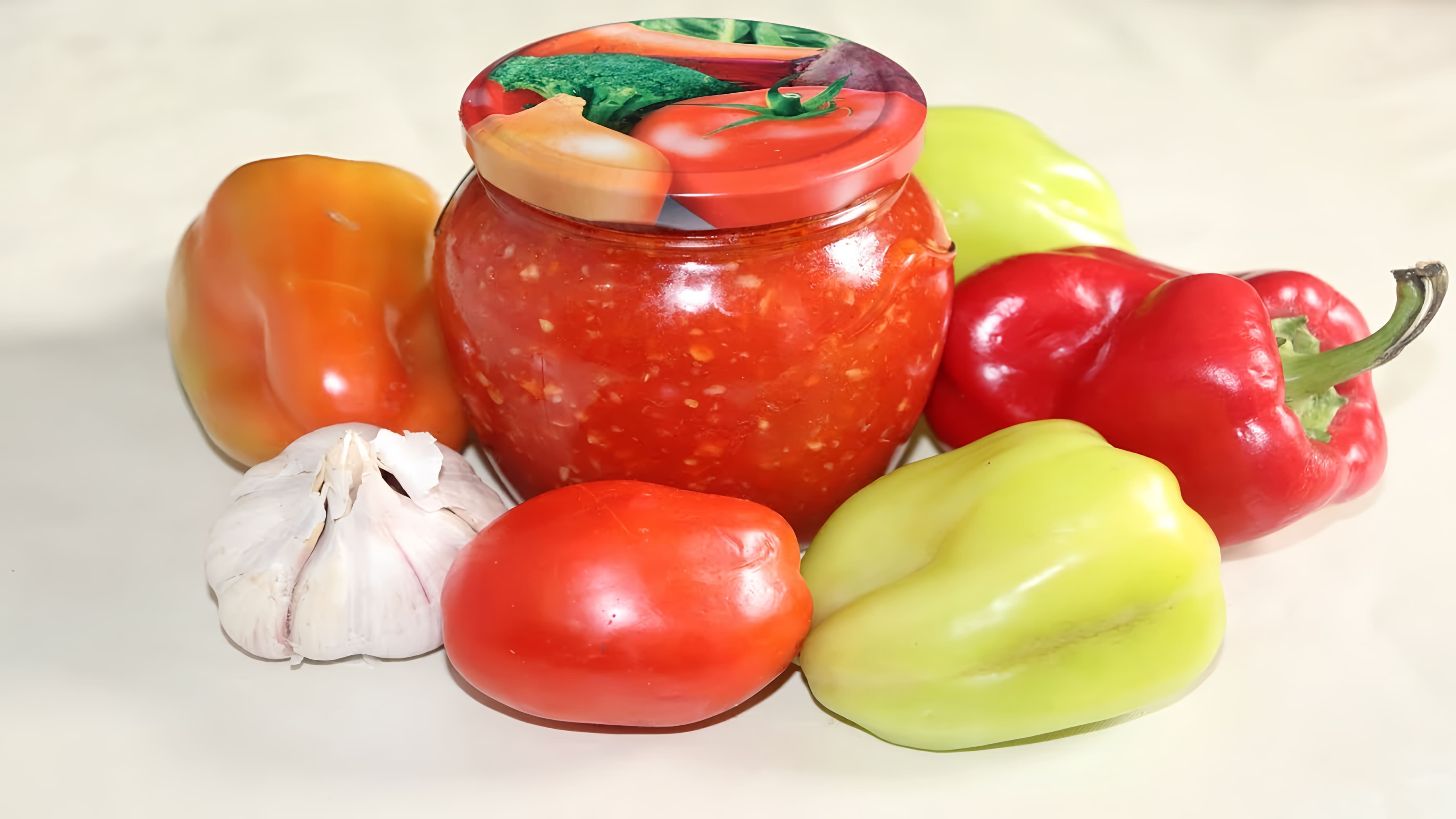 В этом видео демонстрируется процесс приготовления вкусной и ароматной аджики на зиму из помидоров и болгарского перца