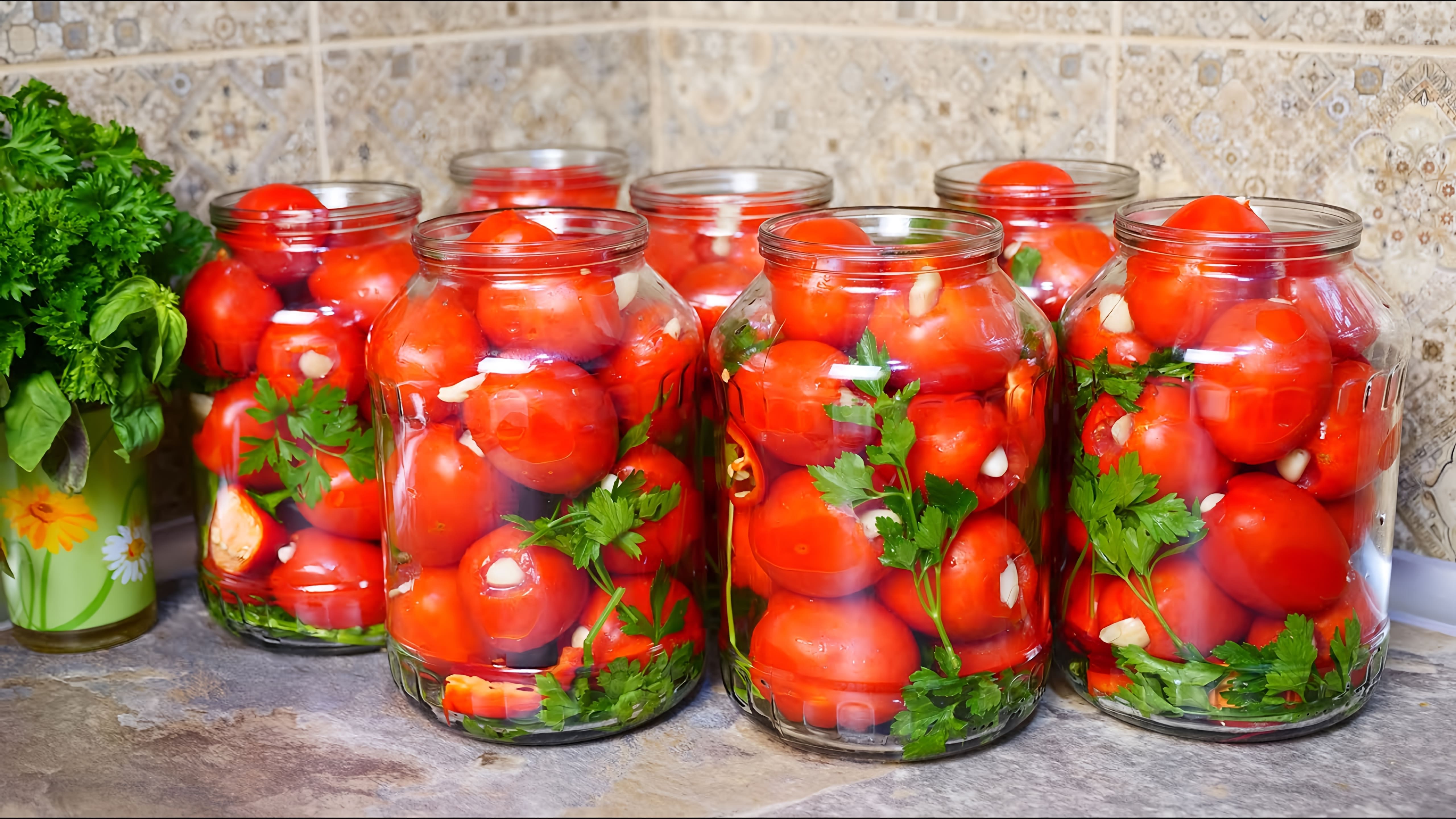 В этом видео демонстрируется процесс приготовления маринованных помидоров на зиму без стерилизации
