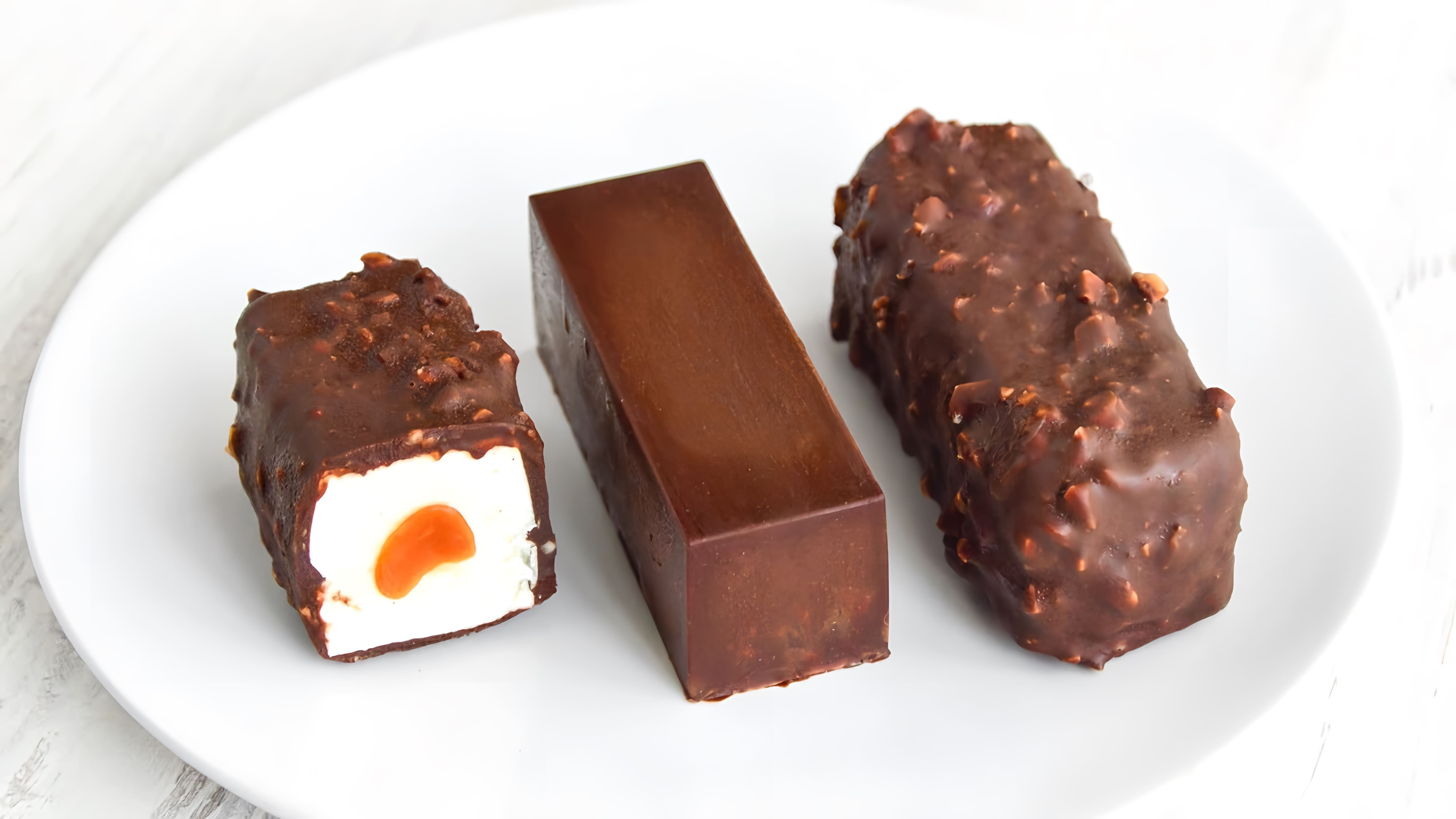 В этом видео демонстрируется рецепт приготовления творожных сырков в шоколадной глазури с начинкой