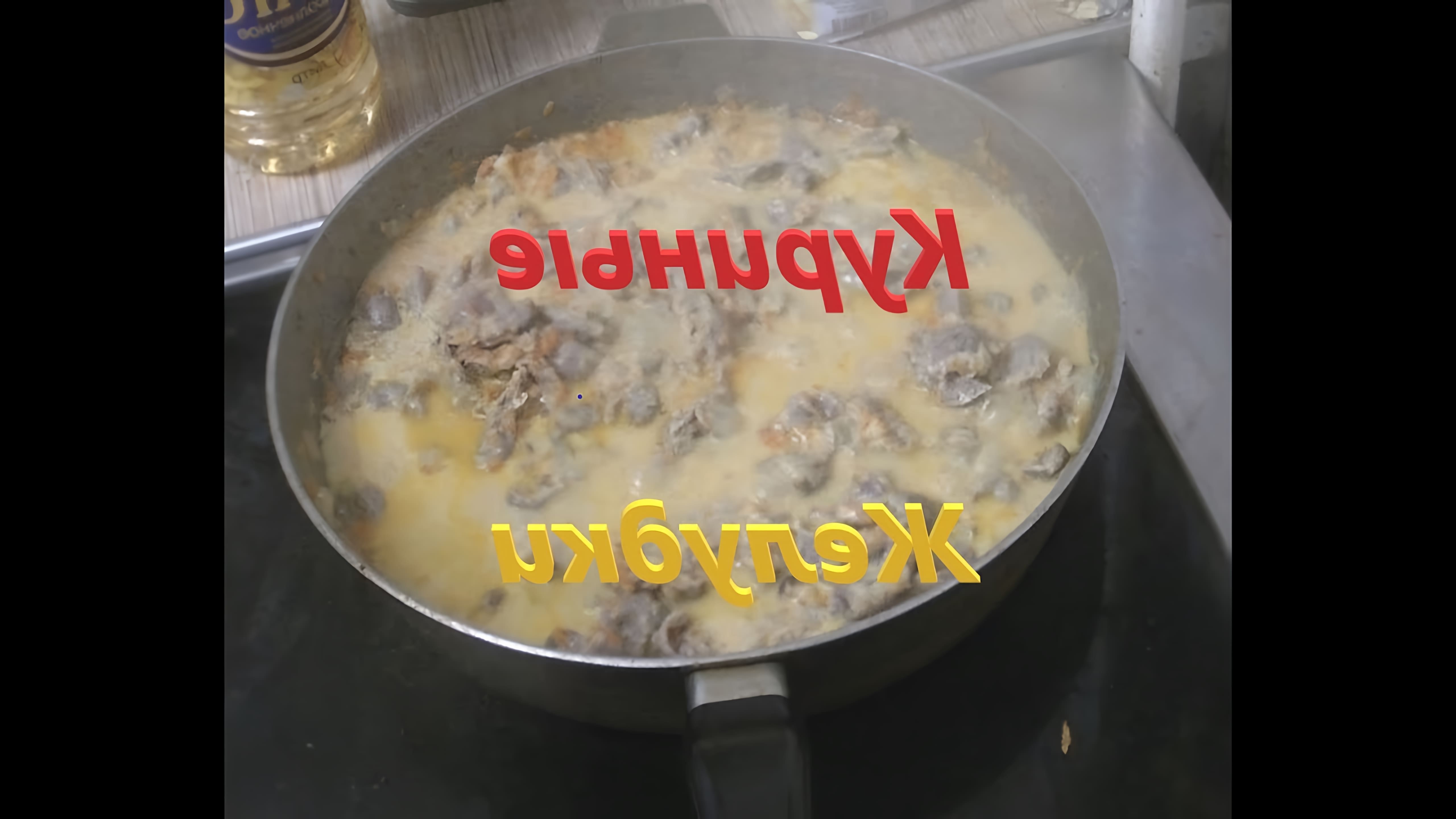 В данном видео демонстрируется процесс приготовления куриных желудков в сметанном соусе
