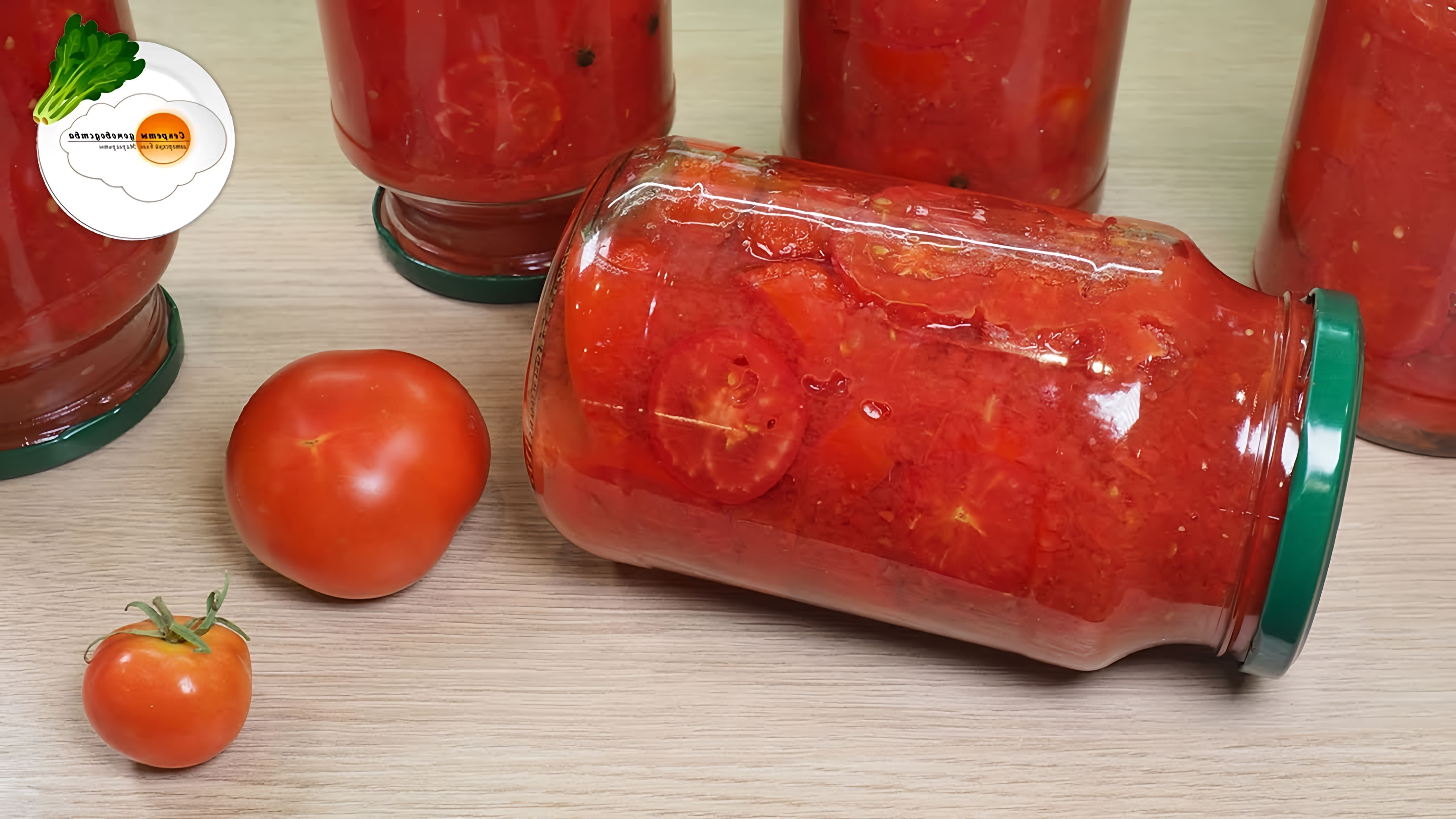 В этом видео демонстрируется процесс приготовления помидоров в собственном соку на зиму