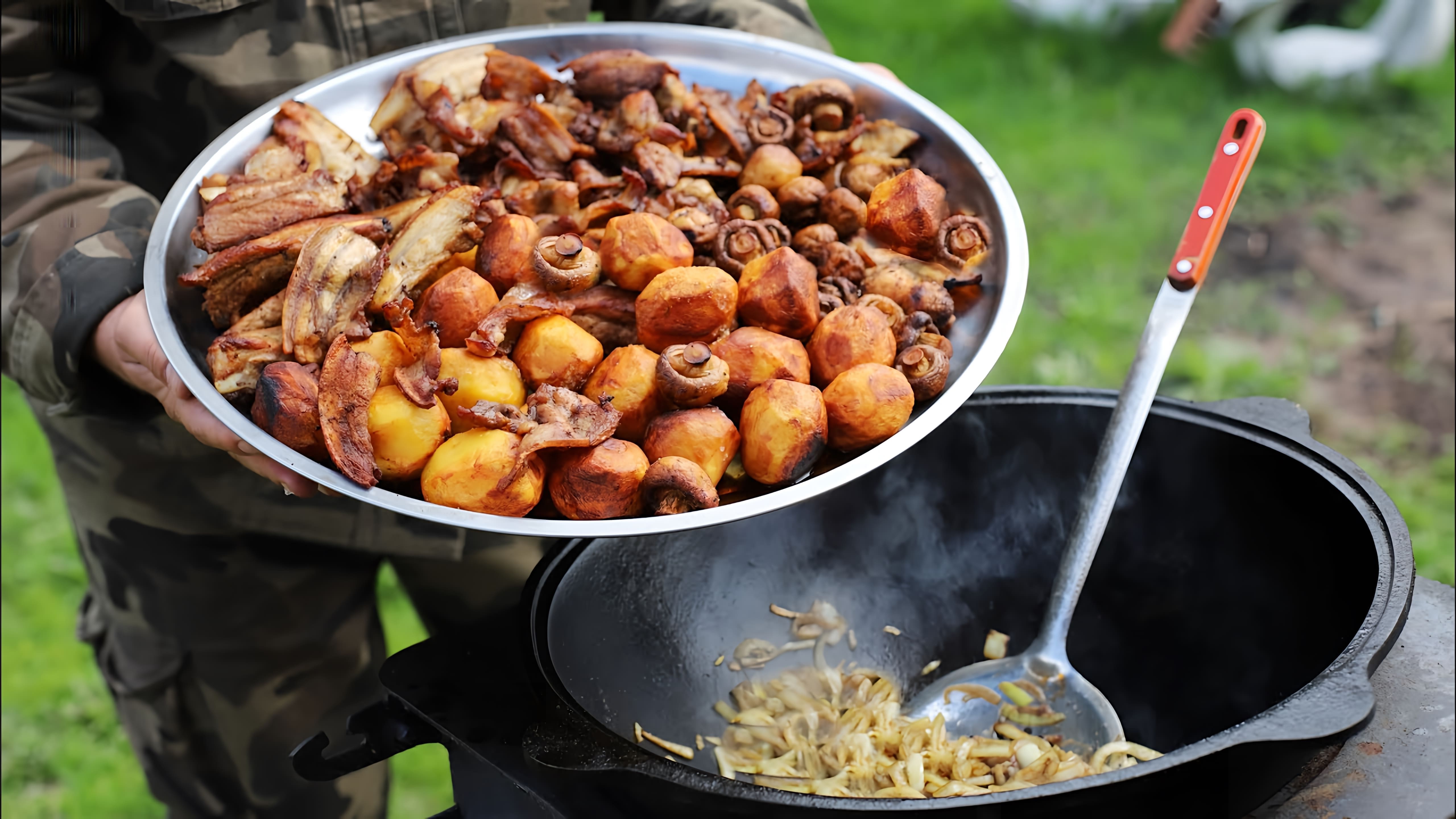 Видео как приготовить традиционное русское блюдо из мяса, картофеля и овощей, готовленное в большом котле над открытым огнем