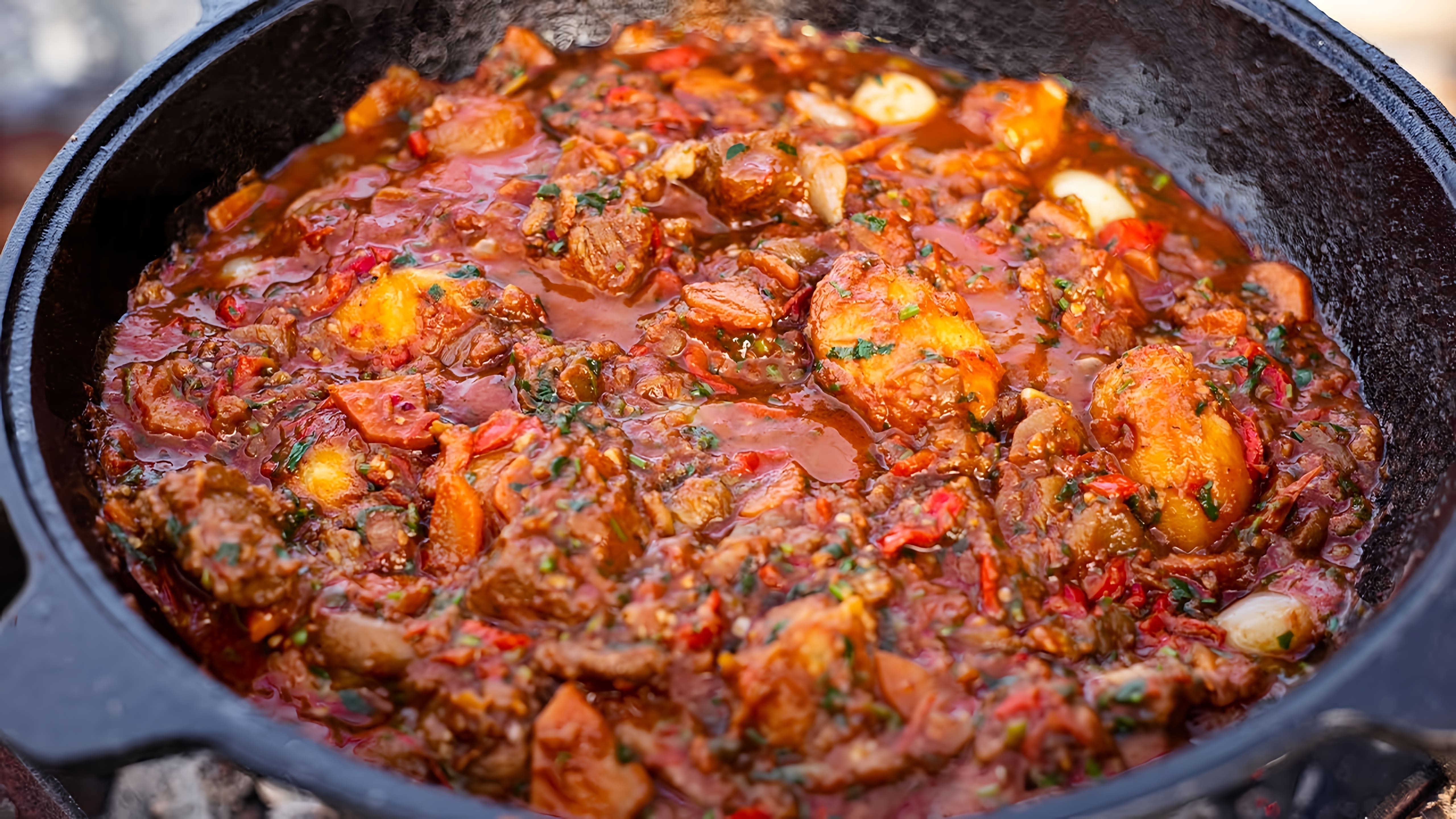 В этом видео демонстрируется процесс приготовления грузинского блюда "Хорциани" - картошки с мясом в казане на костре