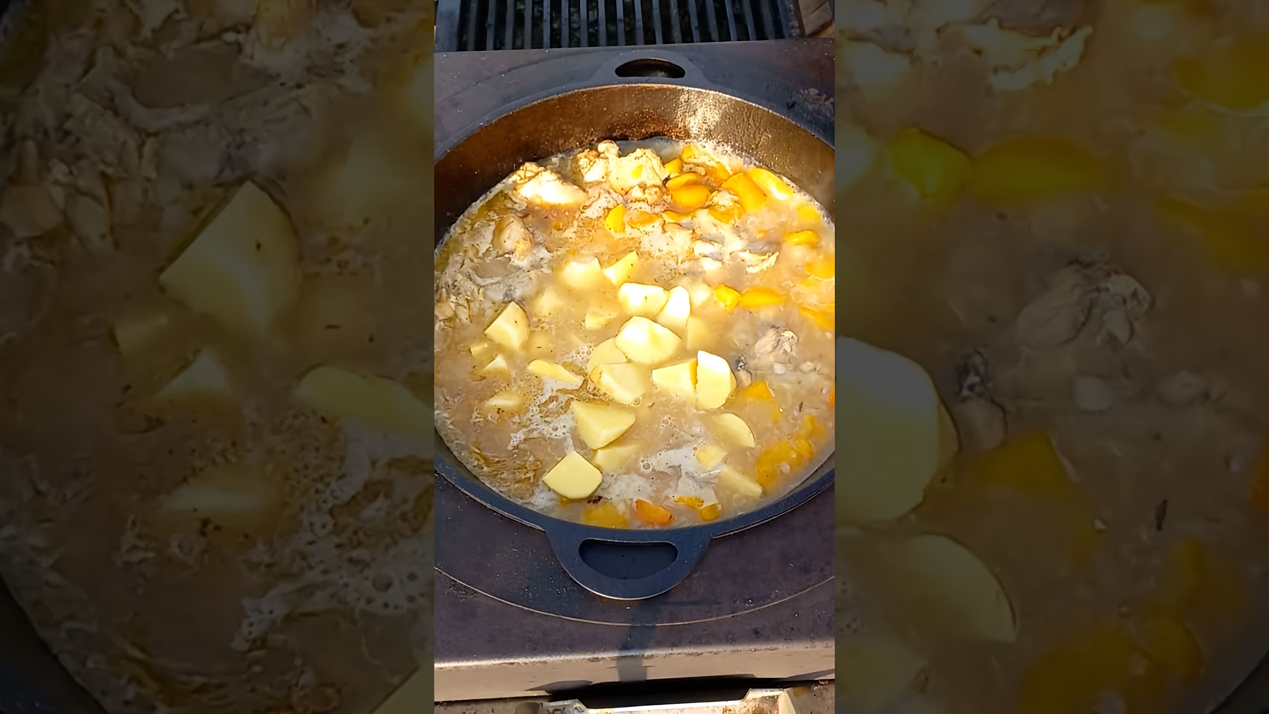 В этом видео демонстрируется процесс приготовления охотничьего супа "Куриный шулюм"