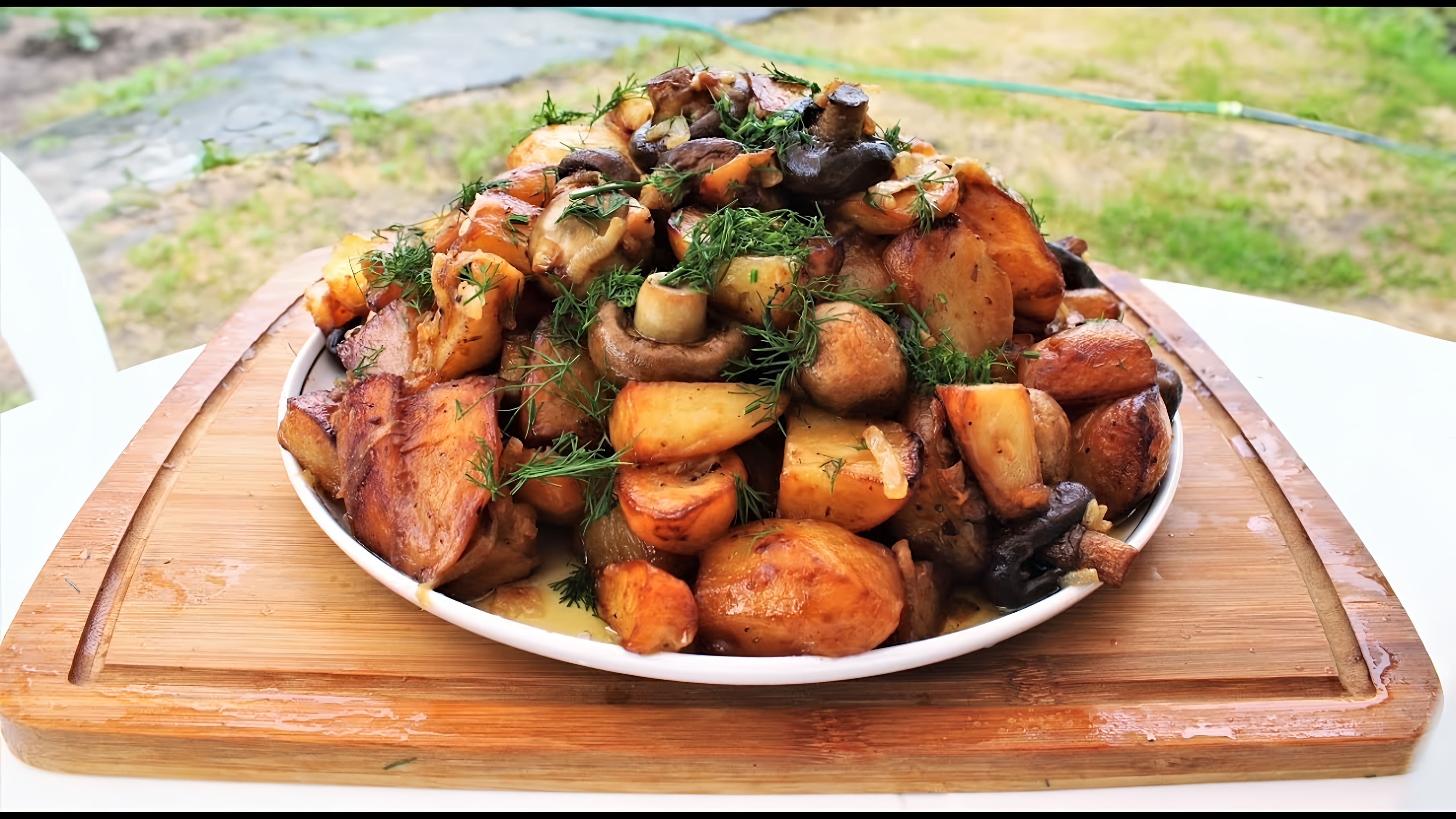 Видео как приготовить бюджетный кебаб из грибов, лука и картофеля, приготовленных в котле над открытым огнем