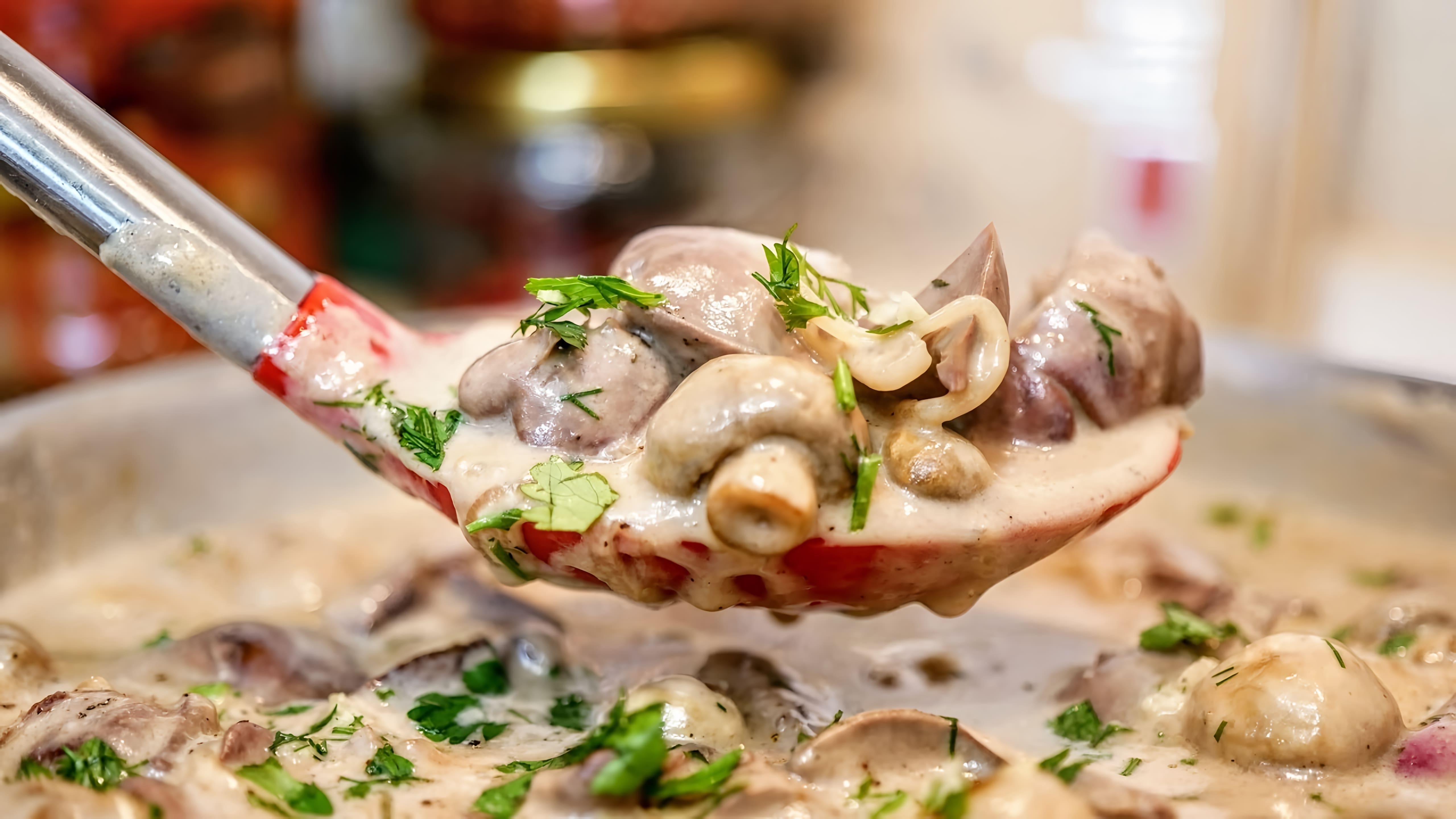 В этом видео демонстрируется рецепт приготовления вкусного обеда - куриной печени с грибами в сырном соусе