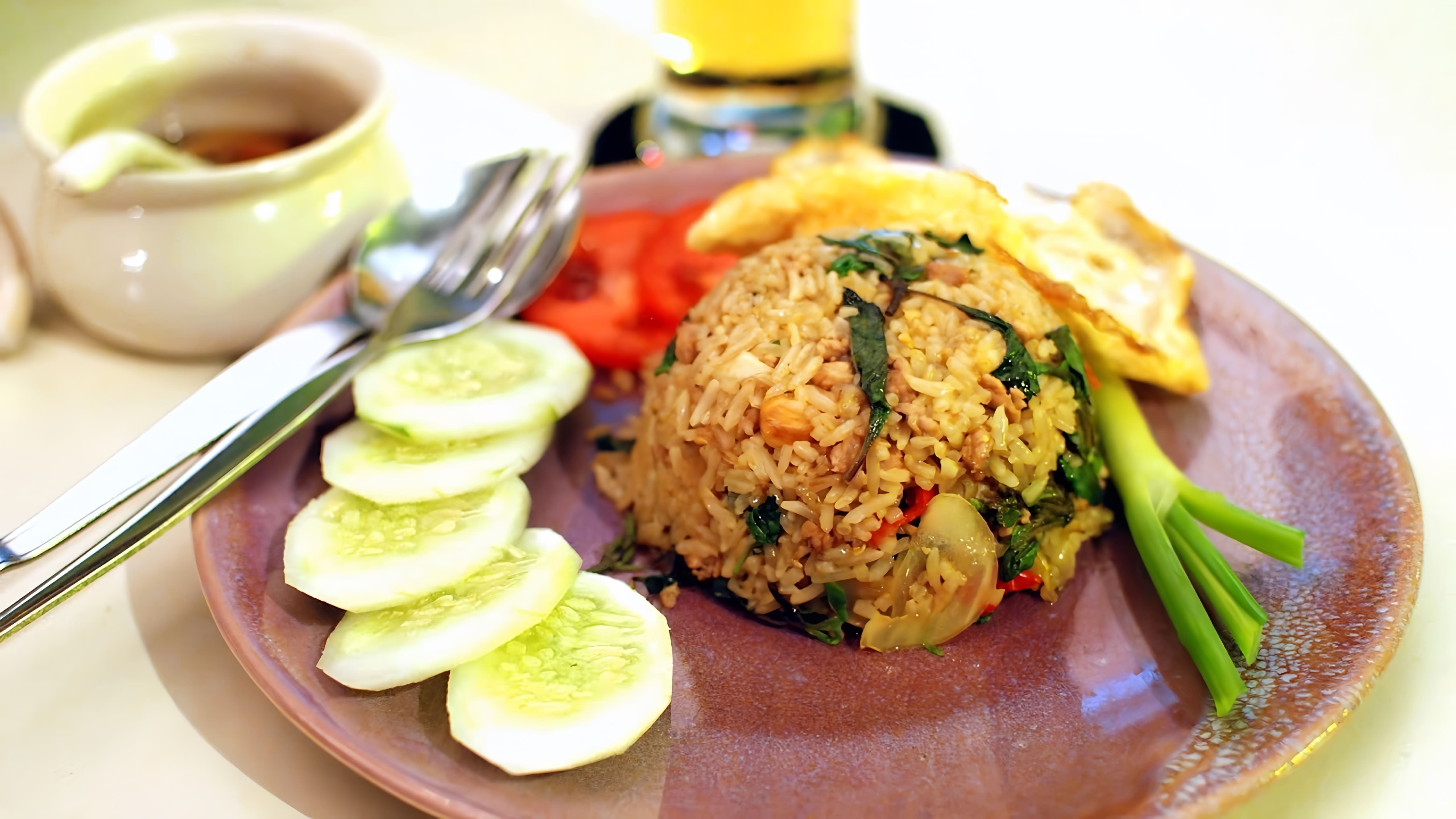 В этом видео демонстрируется процесс приготовления тайского блюда "Као пад гай" (жареный рис с курицей)