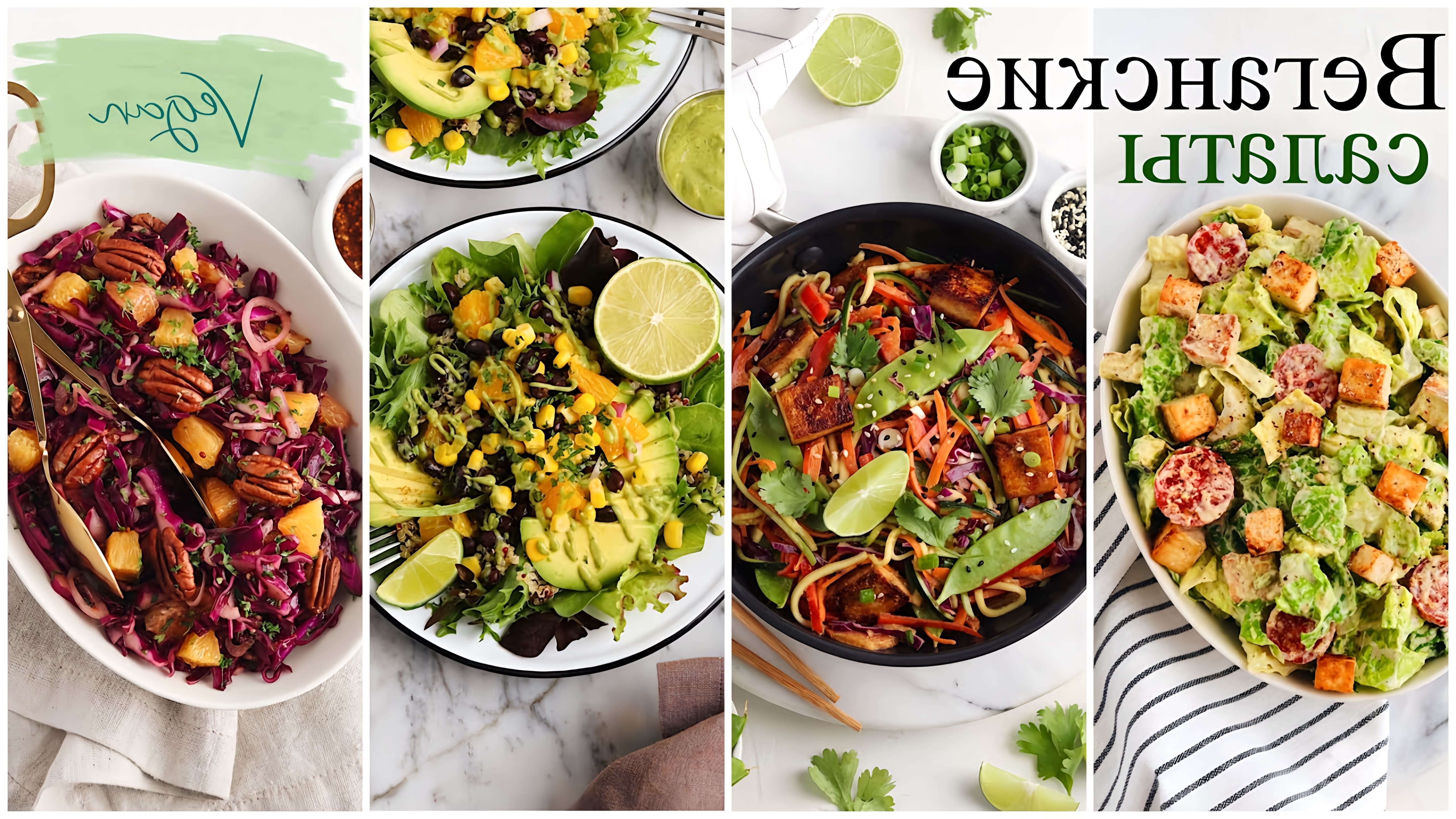В этом видео Альбина делится рецептами четырех веганских салатов: мексиканского салата киноа, салата из краснокочанной капусты, овощного салата с тофу и веганского салата цезарь