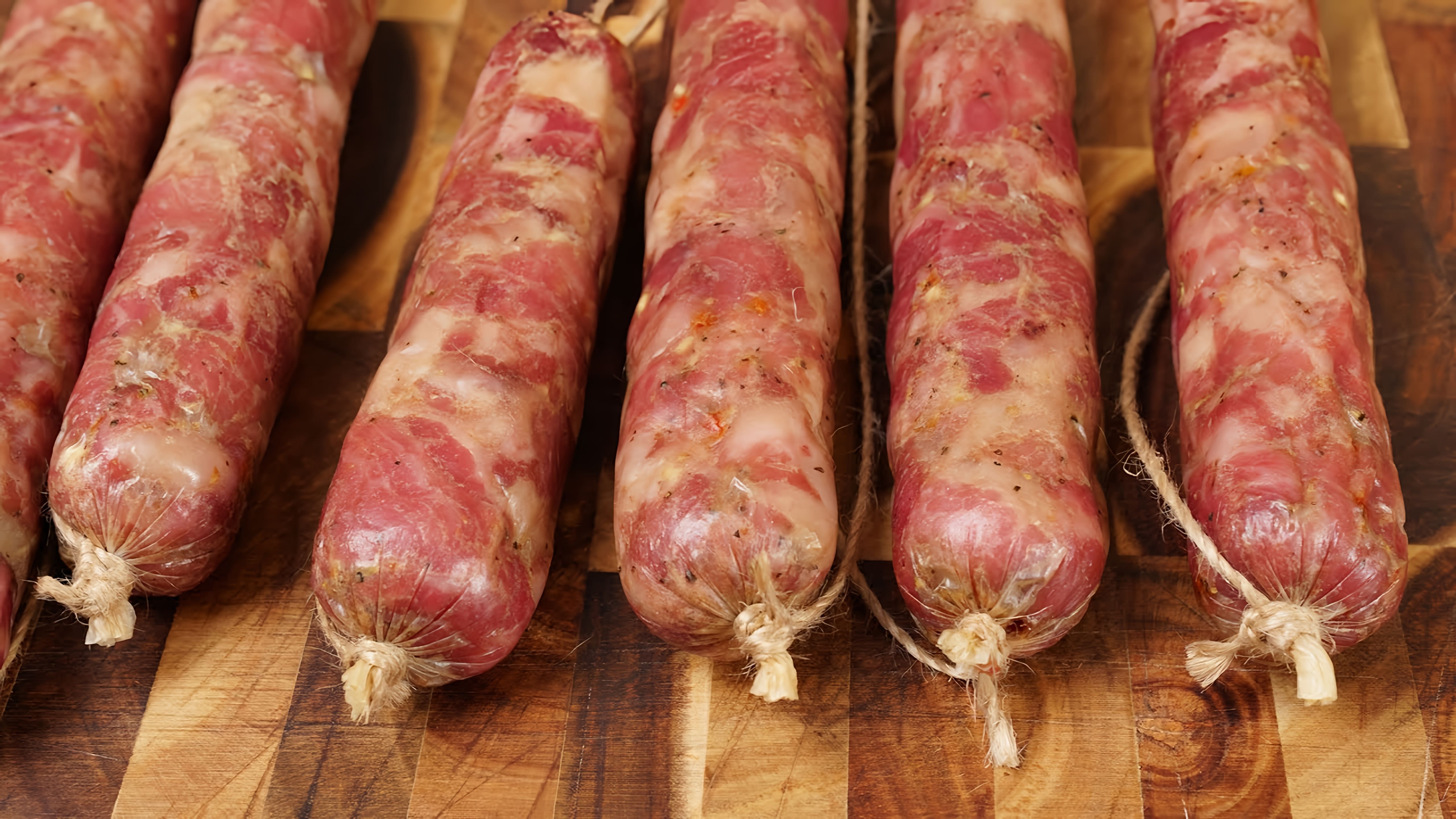 В этом видео демонстрируется процесс приготовления домашней колбасы из свиной шеи