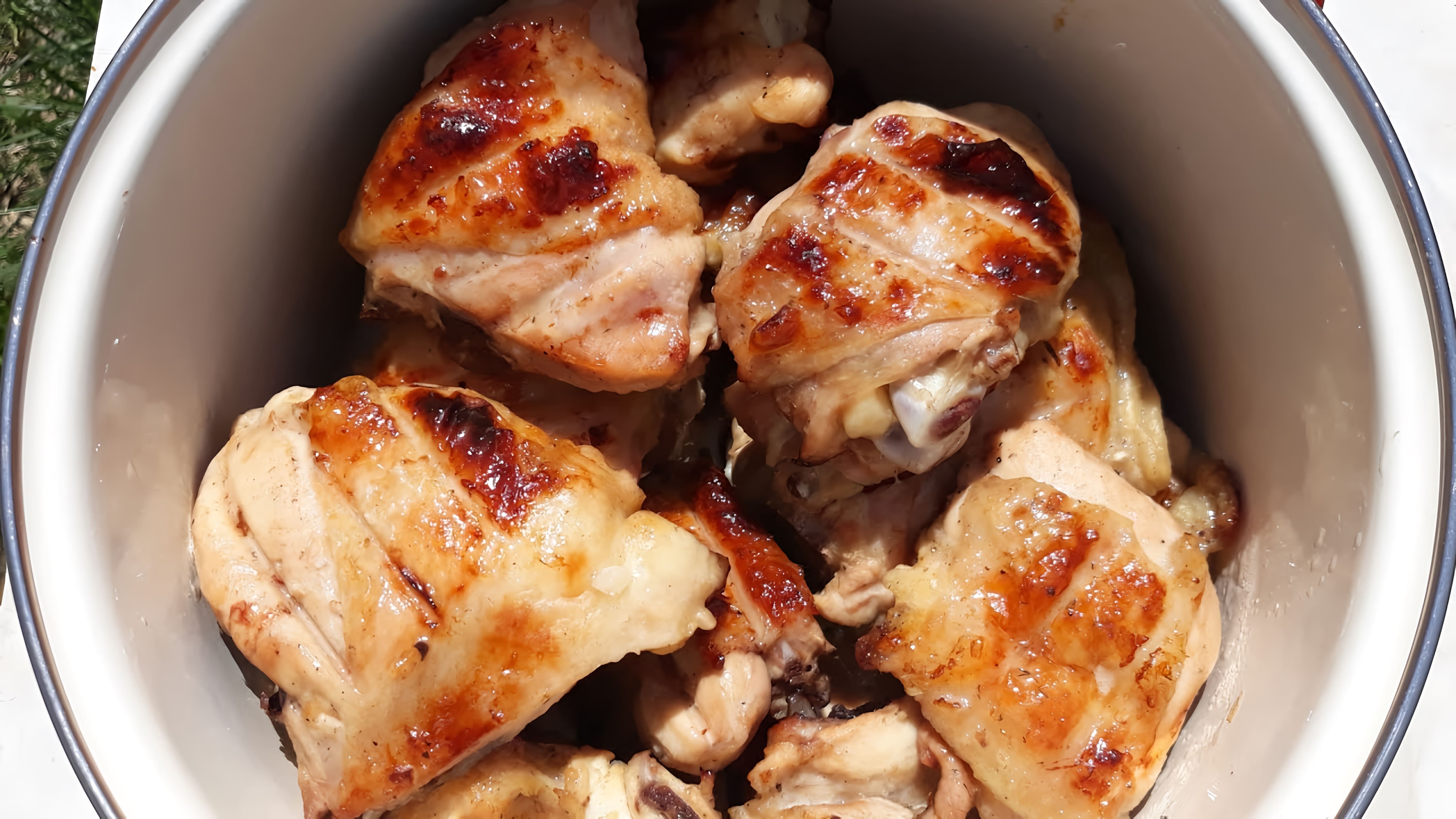В этом видео демонстрируется процесс приготовления шашлыка из курицы с уксусом и луком