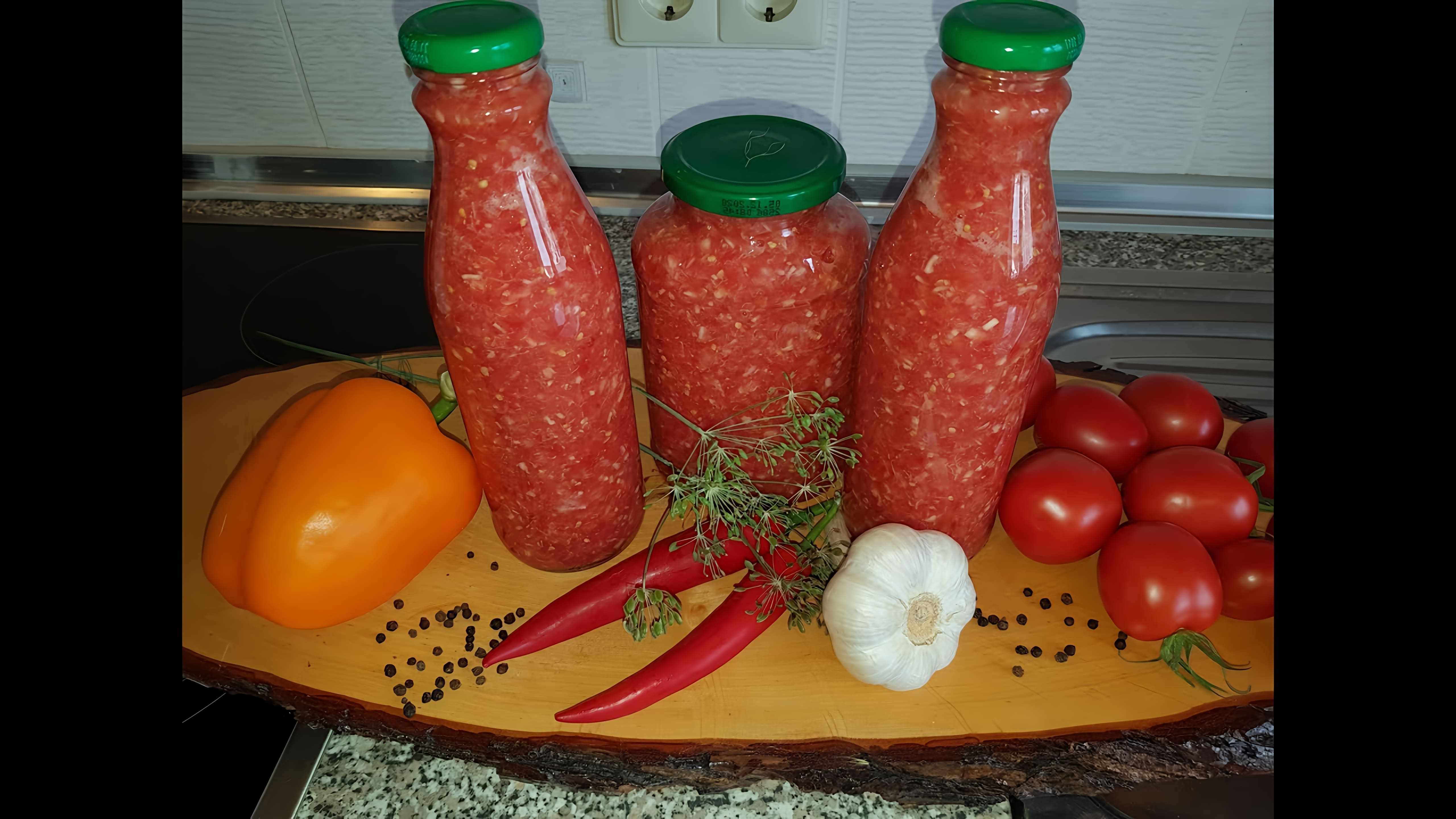В этом видео демонстрируется процесс приготовления хреновины - соуса из помидоров, чеснока и хрена