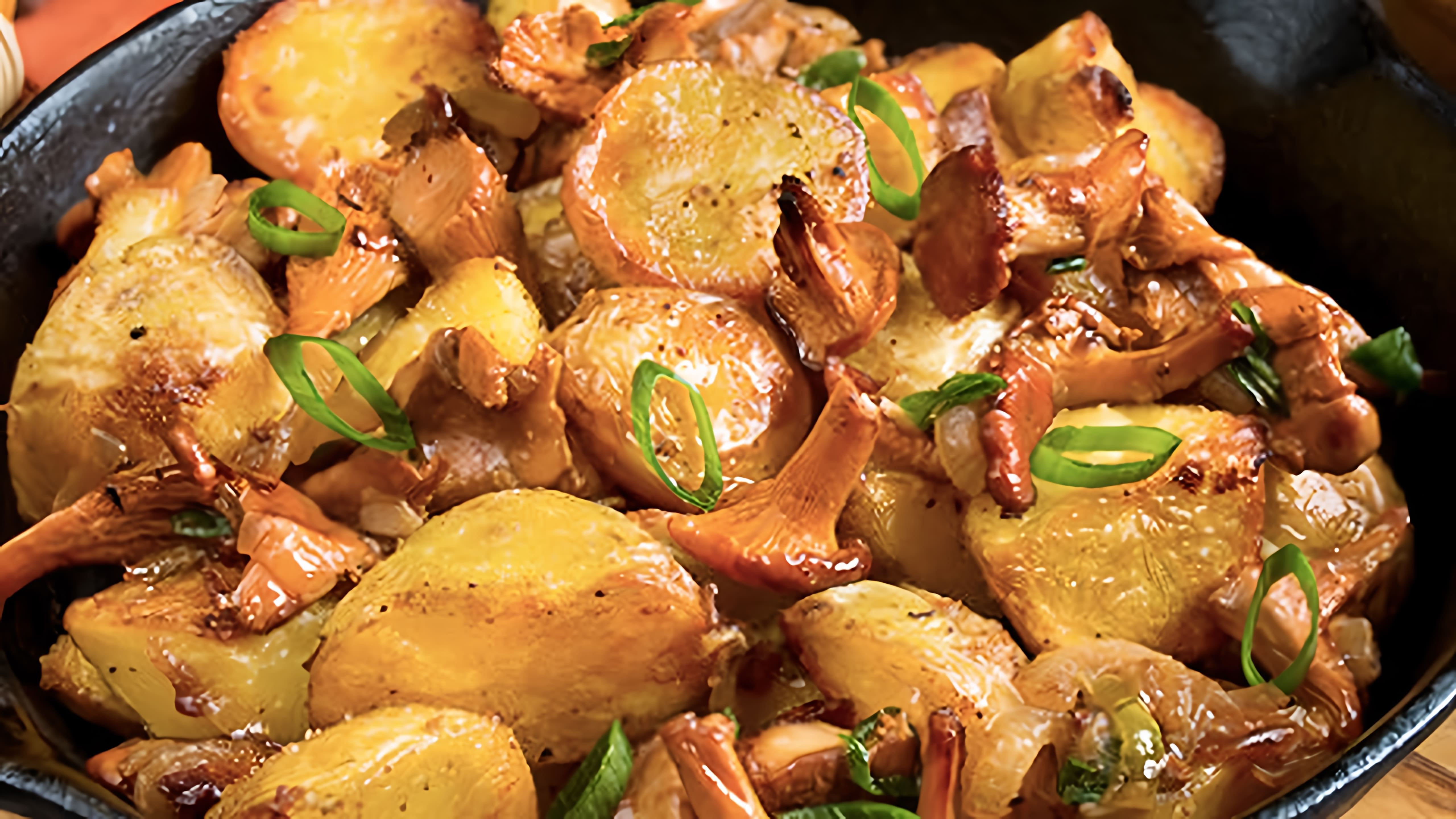 В этом видео демонстрируется процесс приготовления жареной картошки с лисичками на сковороде