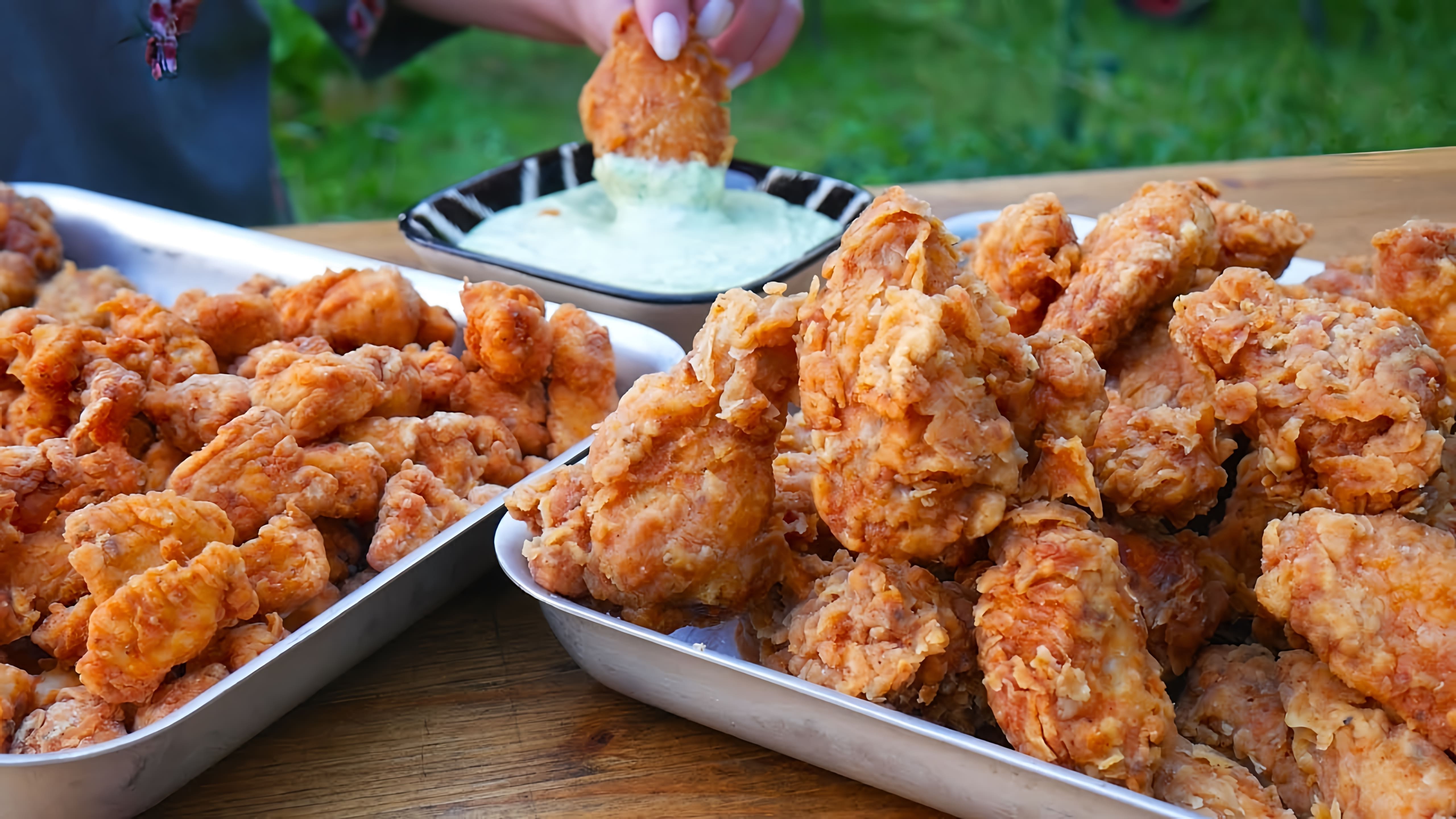 В этом видео демонстрируется рецепт приготовления куриных крылышек и куриного попкорна в стиле KFC