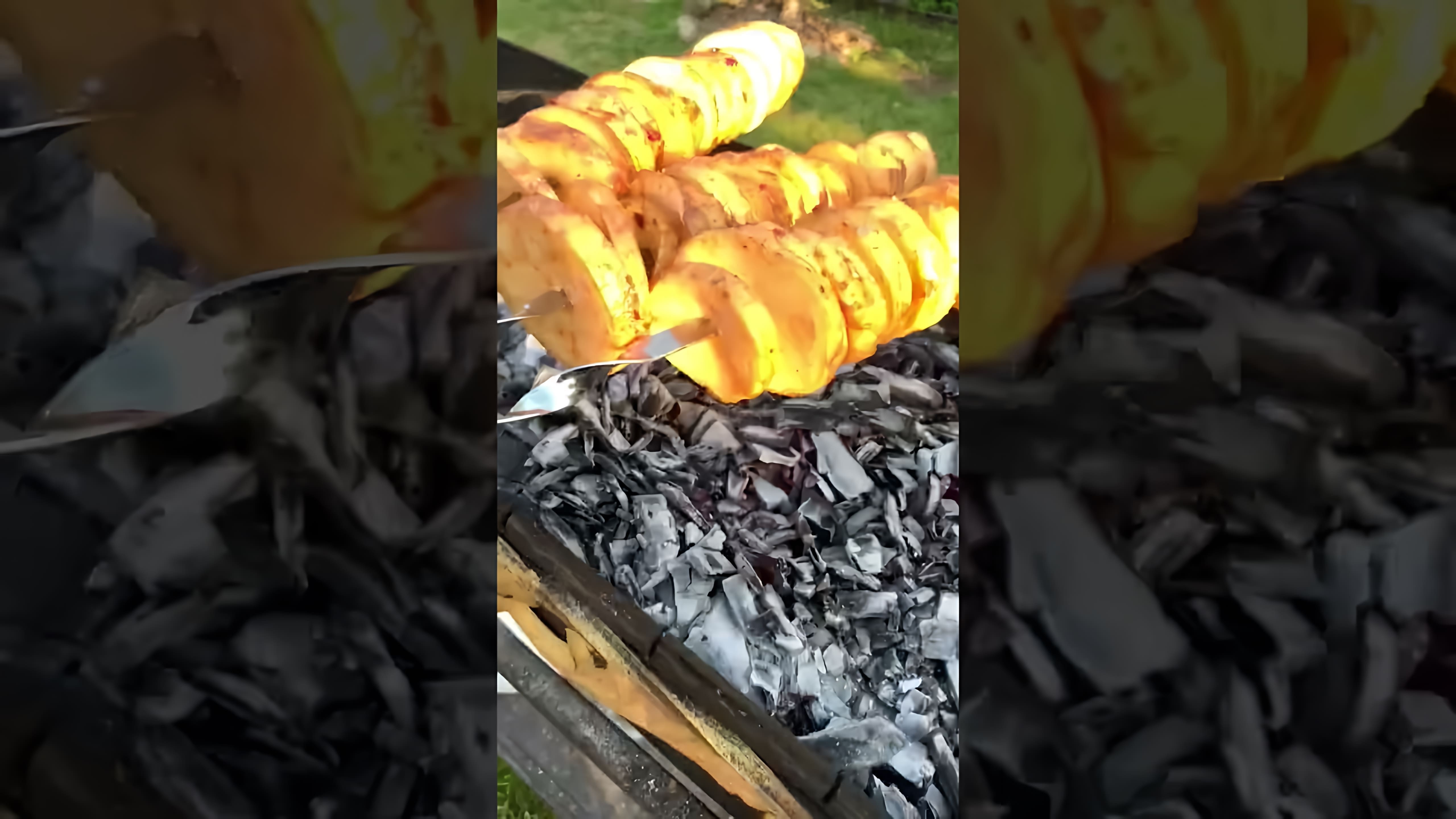 В этом видео-ролике показан процесс приготовления печёного картофеля на шампурах