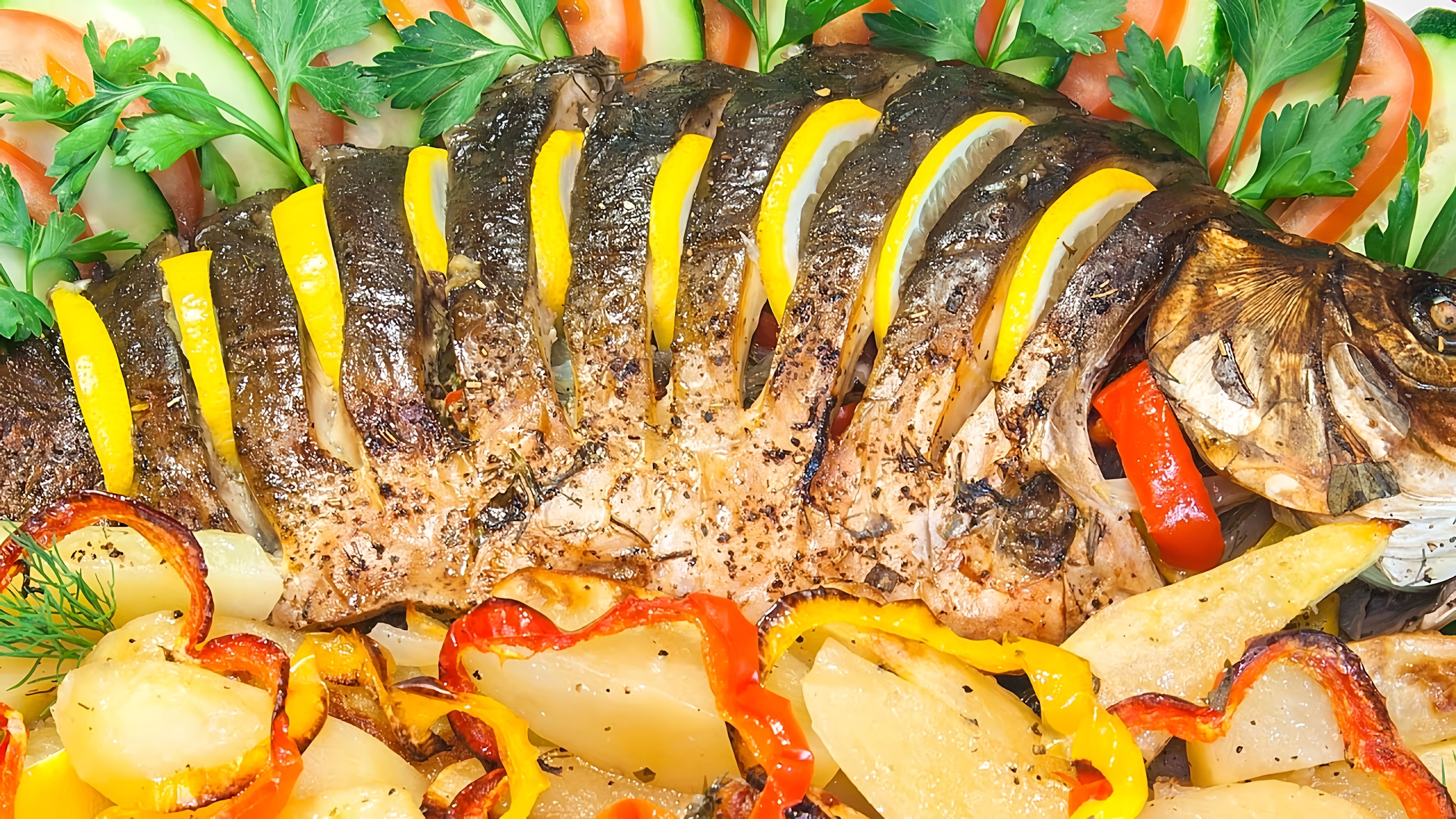 Видео рецепт запеченной начиненной рыбы с овощами и картофелем