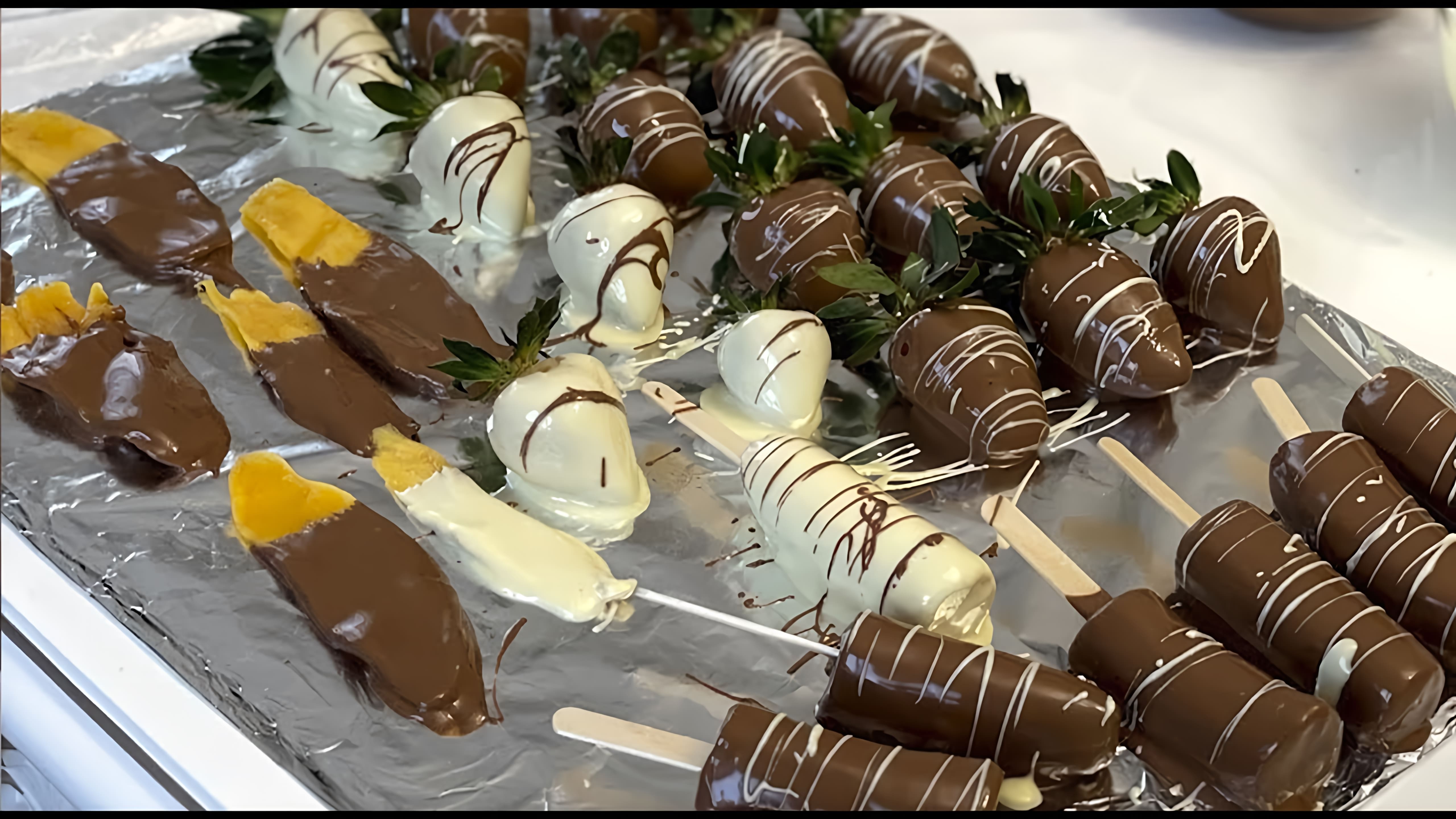 В этом видео демонстрируется процесс приготовления клубники в шоколаде, банана в шоколаде и манго в шоколаде