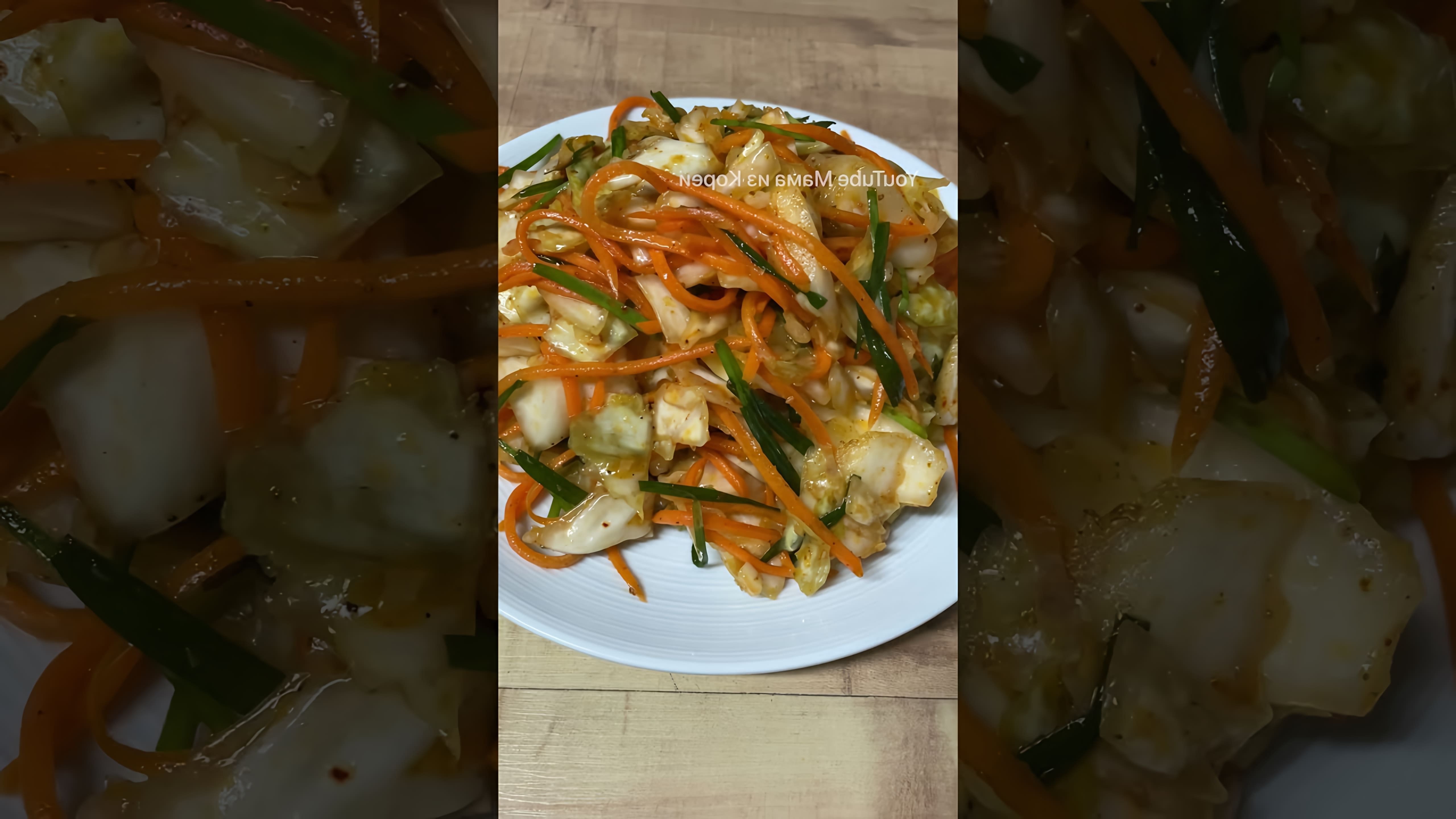 В этом видео демонстрируется процесс приготовления салата из капусты и моркови по-корейски