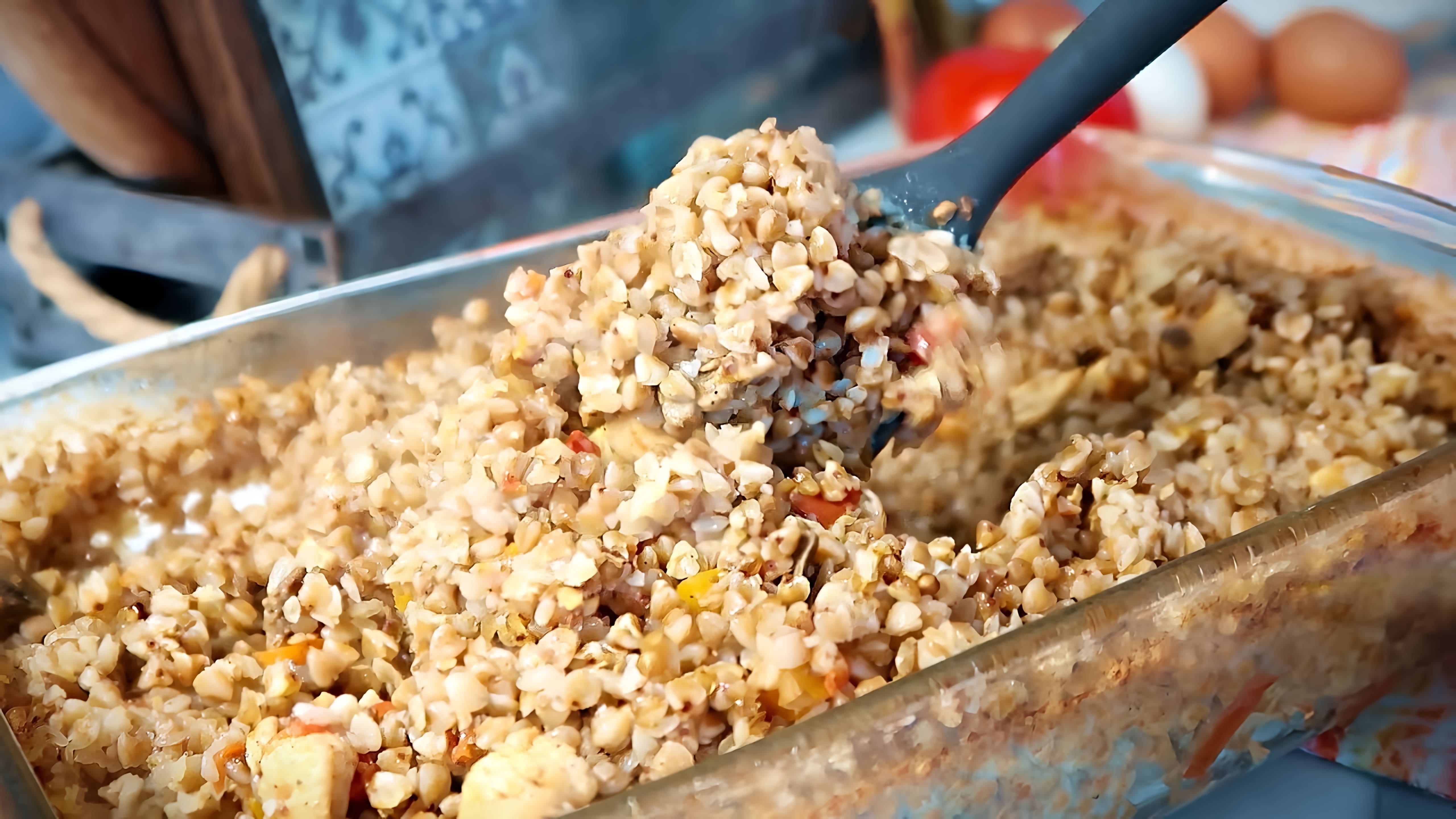 В этом видео демонстрируется процесс приготовления гречки с курицей и грибами в духовке