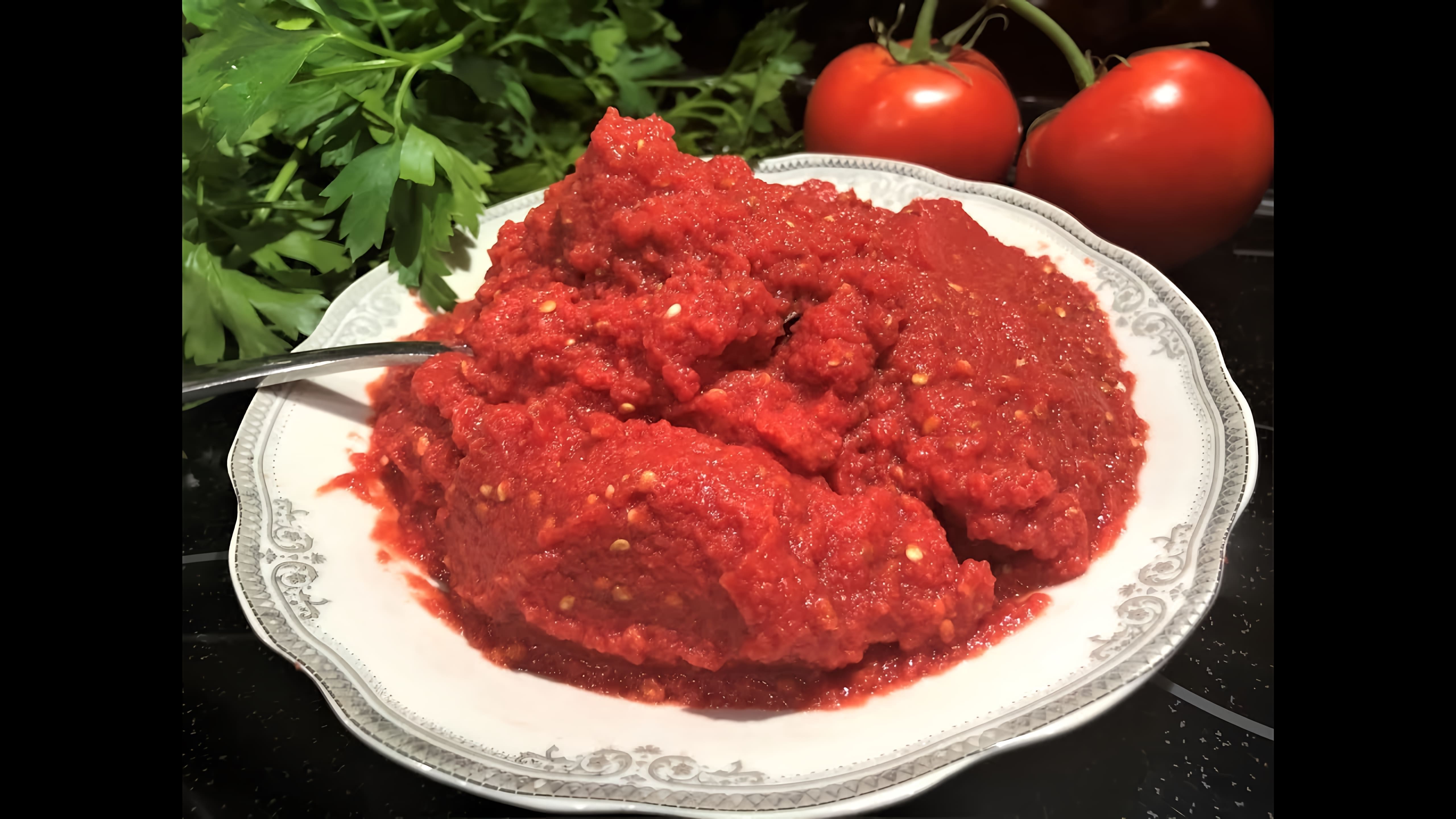 В этом видео демонстрируется процесс приготовления домашней томатной пасты из свежих помидоров