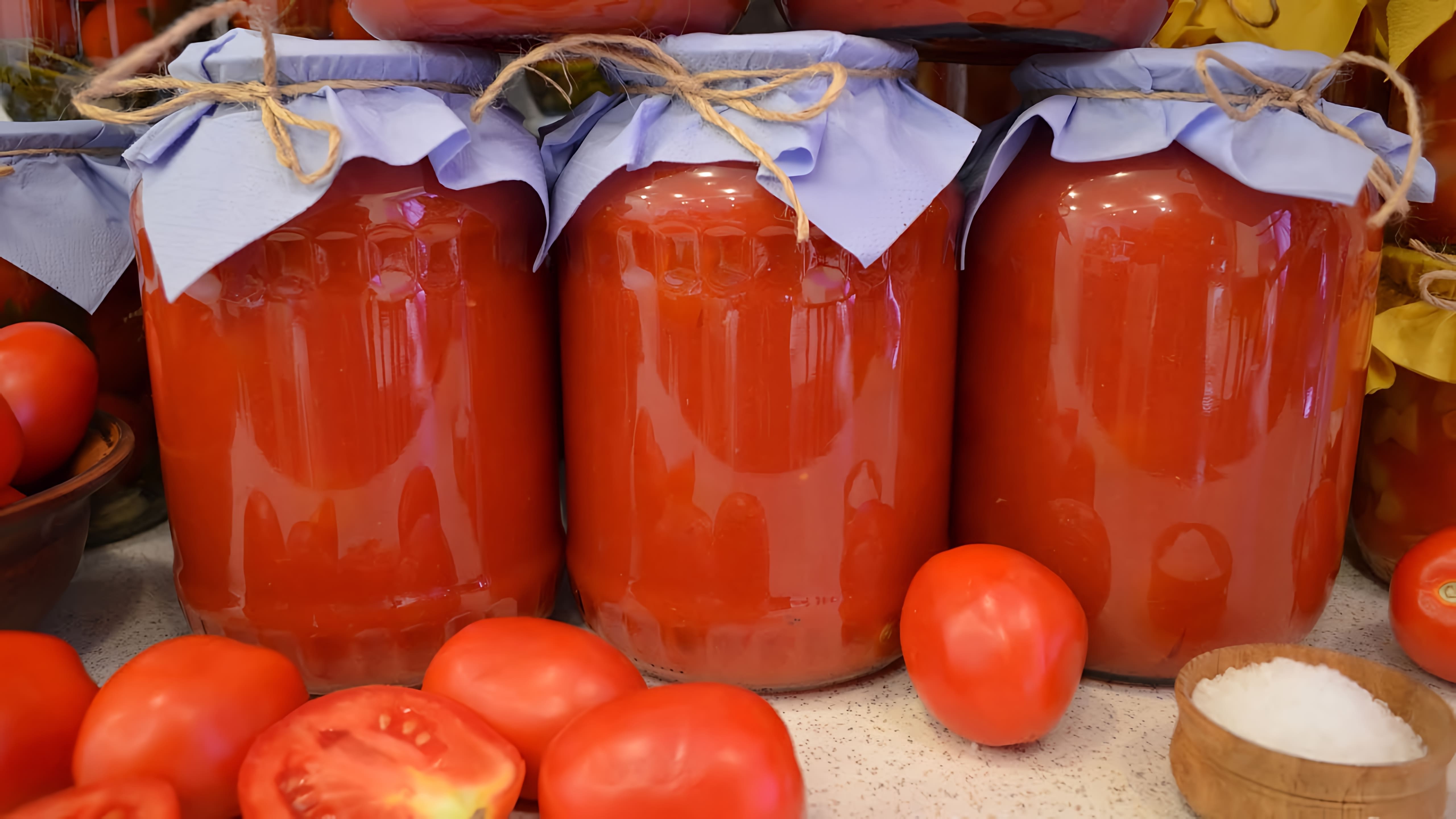 В этом видео-ролике рассказывается о том, как приготовить помидоры в томатном соке на зиму