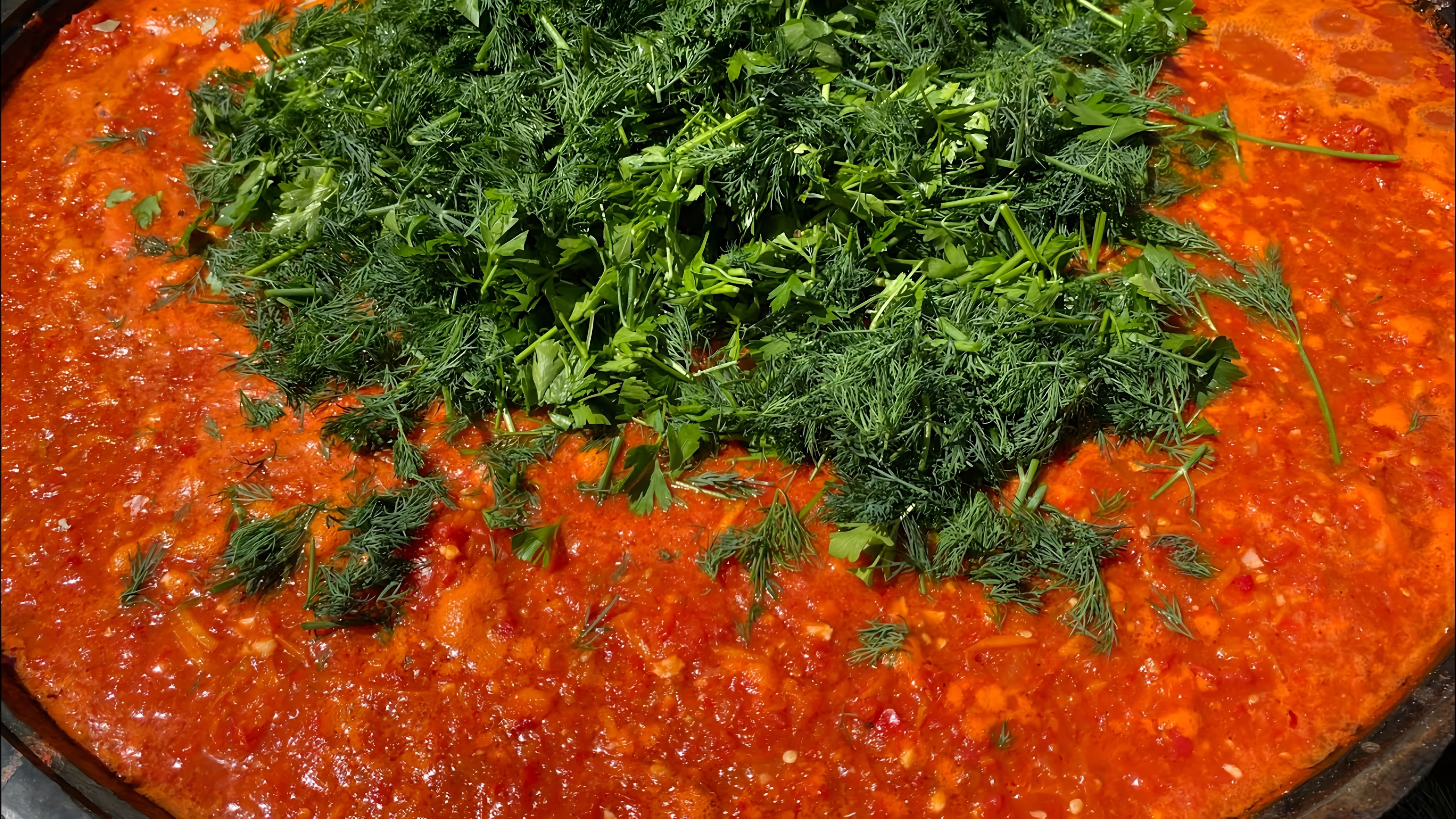 В этом видео демонстрируется процесс приготовления домашнего соуса сацебели на зиму из помидоров, перца и чеснока