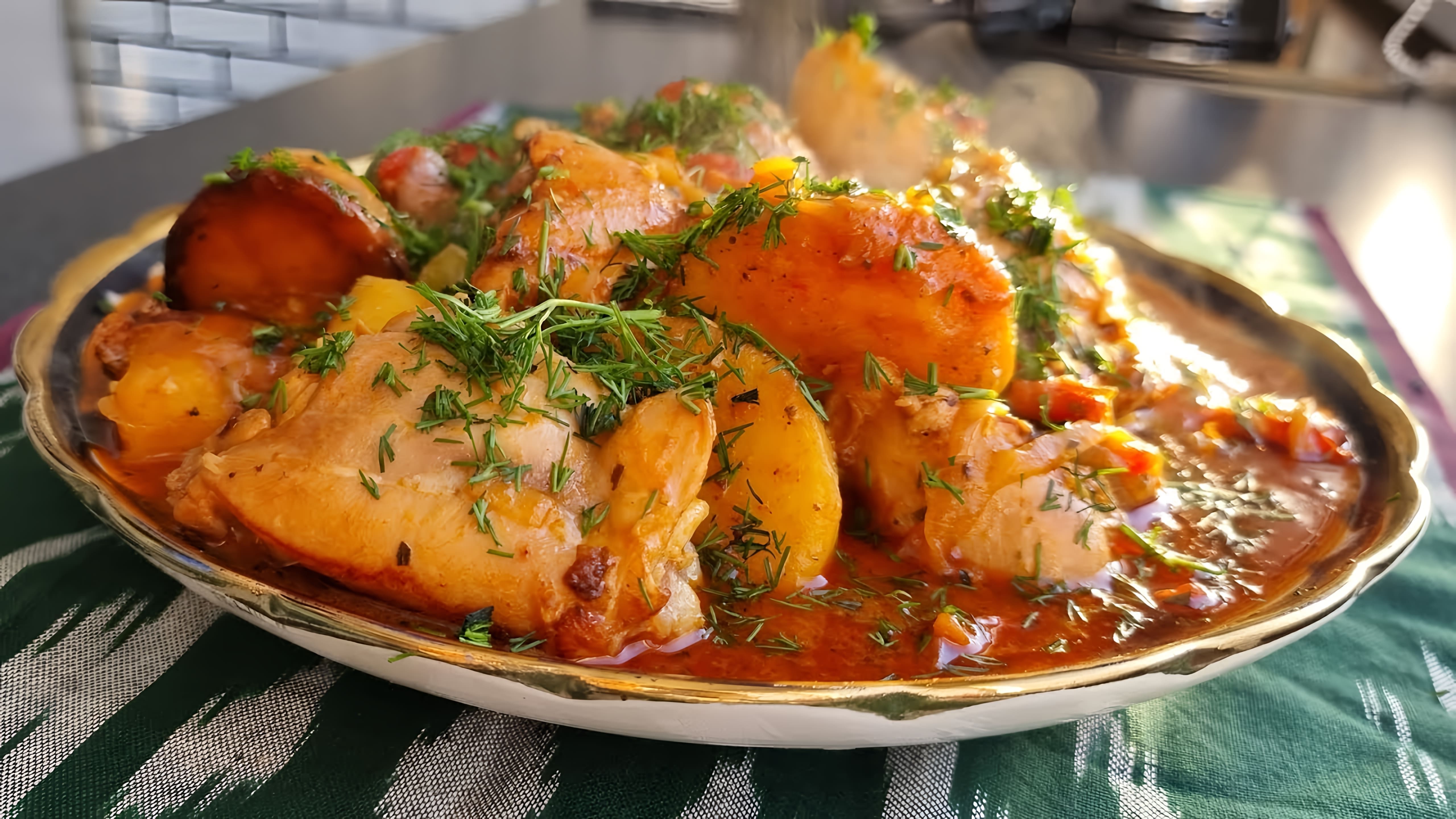 В этом видео демонстрируется рецепт приготовления простого и вкусного ужина - жаркого с курицей и картошкой